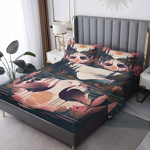 Juego de sábanas Swan de tamaño Queen, sábanas para el sol, sábanas y fundas de almohada estampadas de 4 piezas, sábana bajera ajustable de