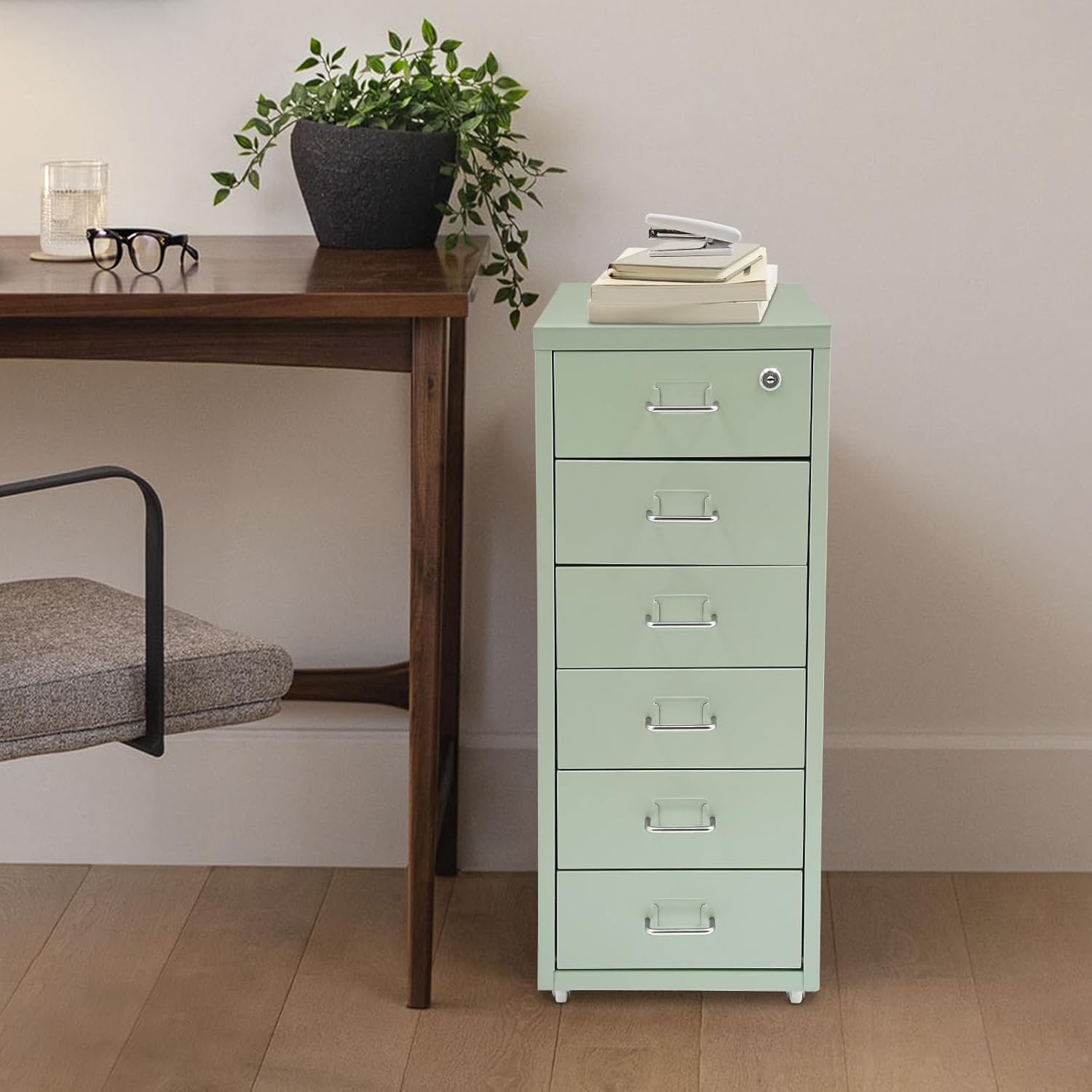 6 Drawers Mobile File Cabinet Rolling Vertical Filing Cabinet Under Desk Storage Organization 16" D x 11" W x 27" H (Green)