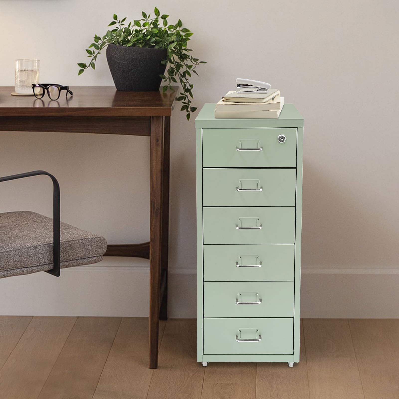 Meuble de rangement mobile à 6 tiroirs, en métal, avec roulettes, pour la maison et le bureau, 28 x 41 x 69 cm, beige (vert)