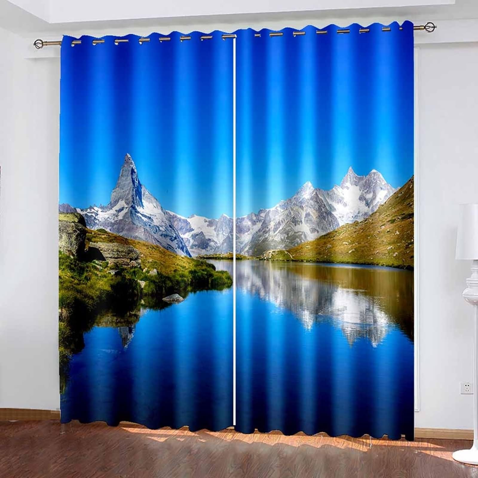Czeska zasłona okienna, zestaw zasłon do salonu niebieski zielony naturalny krajobraz górska rzeka poliester zestaw 2 szt. 192 x 183 cm