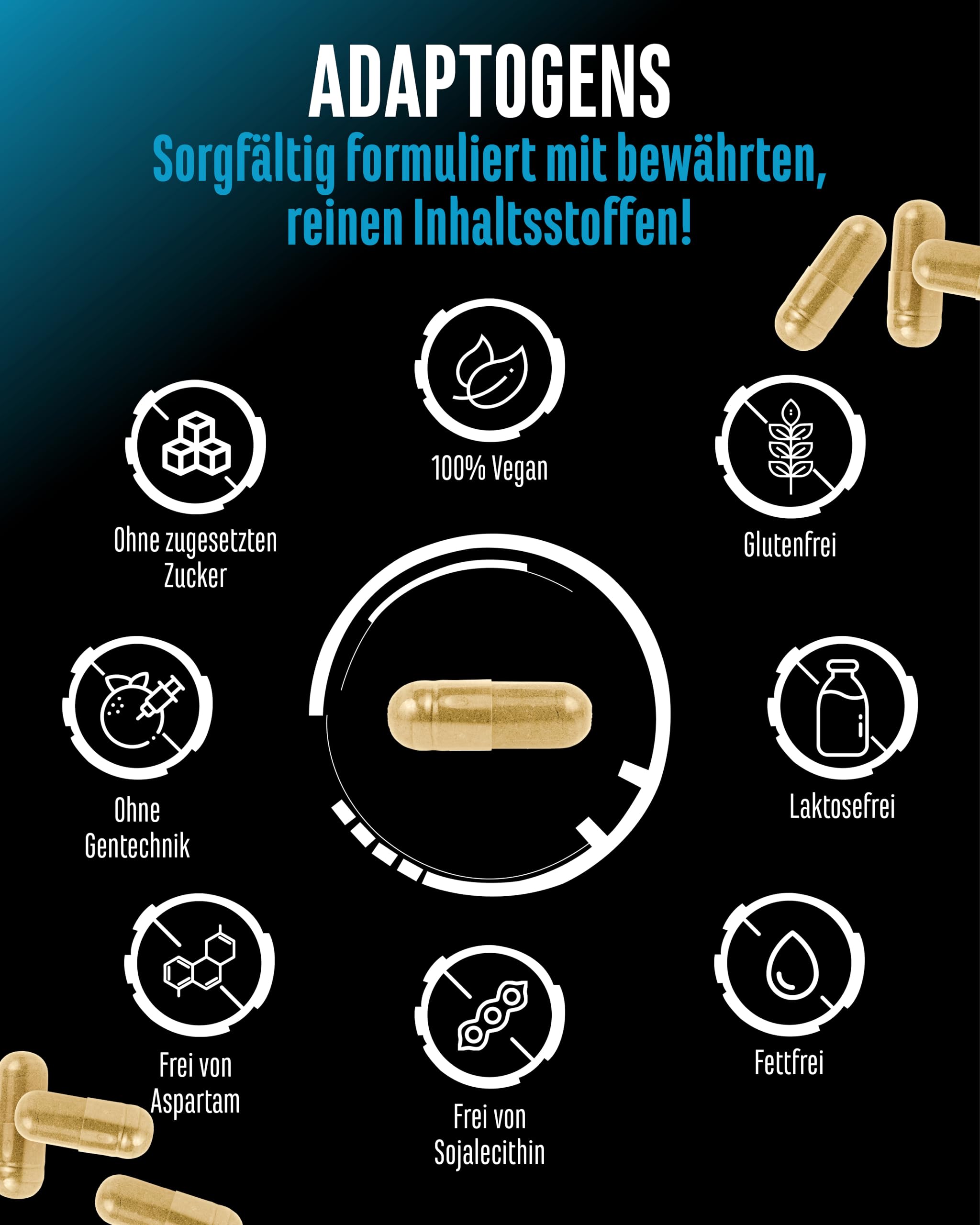 Adaptogene Komplex - Antistress & Relax Support mit Shoden® Ashwagandha, Reishi, Ginseng, Passionsblumen, Rosenwurz Extrakt - Magnesium - Vegan - 120 Kapseln