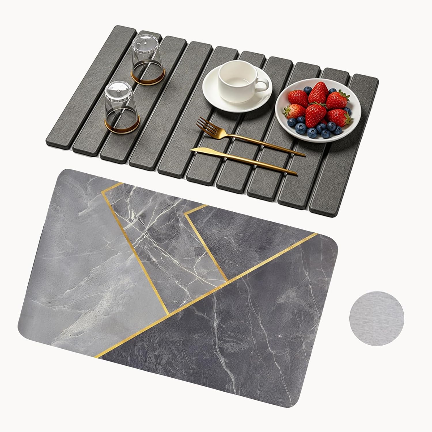 2pcs Stone Dish Drying Mat for Kitchen Counter - Foldable 24" 16" Heat Resistant Eco Friendly Super Absorbent Diatomaceous Earth Dish Drying Mat, Plate Bowl,Match Any Countertop