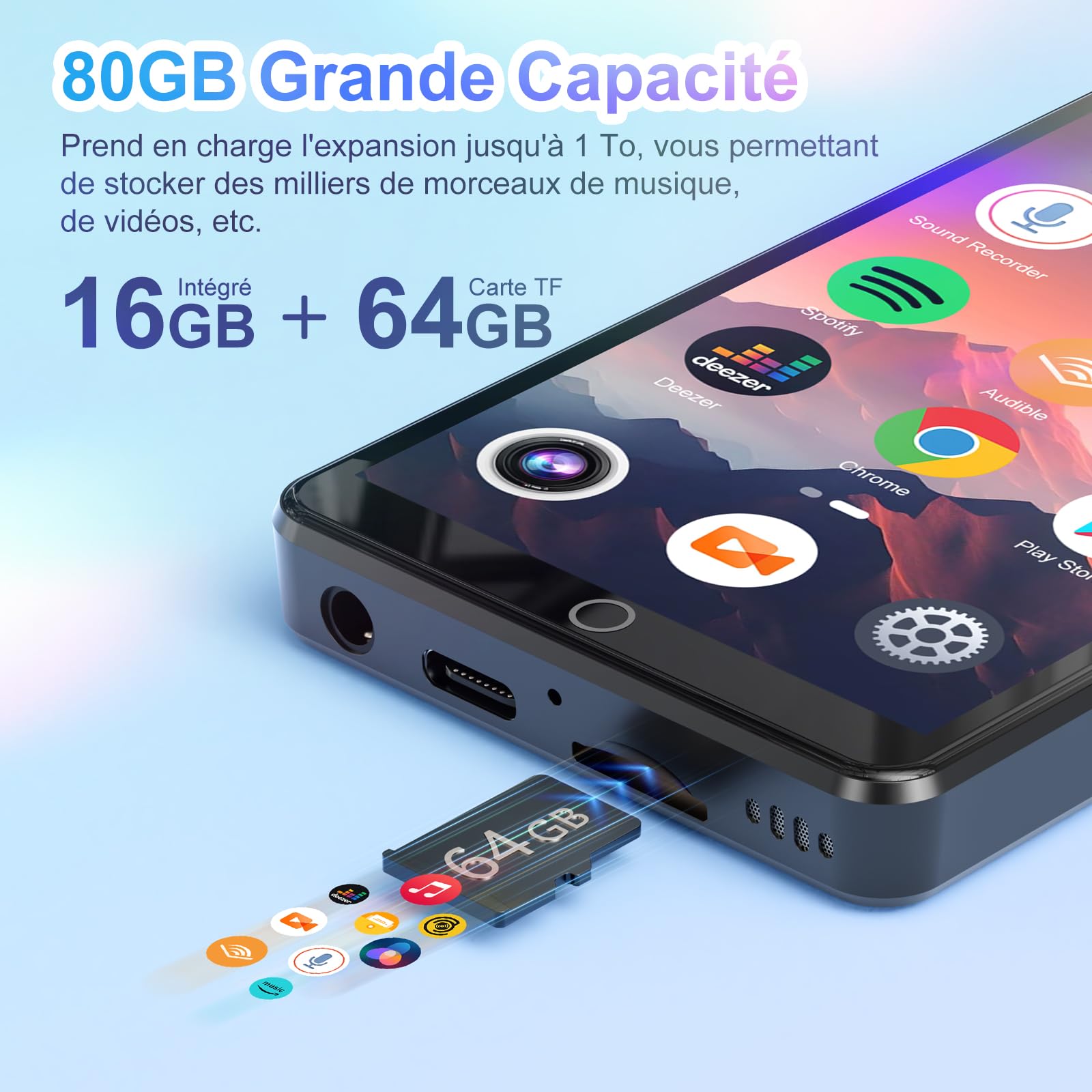 joliker 80Go Lecteur MP3 avec Bluetooth et WiFi, MP3 Player avec 13 MP Caméra Arrière, Lecteur de Musique Mp3 et Mp4 ave Spotify, Audible, Deezer, Lecteur Vidéo à écran Tactile 4.02 Pouces 1080P