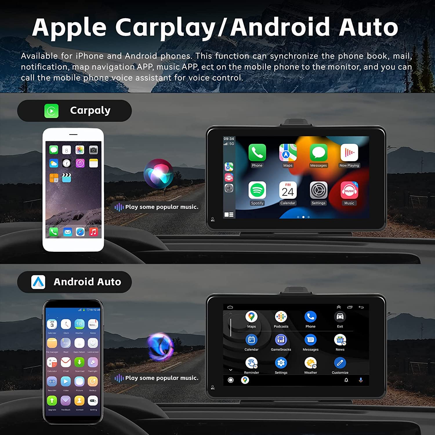 Radio Voiture Tactile 7" avec CarPlay, Android Auto, MirrorLink et Support Debout/Ventouse Bluetooth intégré, Compatible DC 7-32V, pour Camion, Caravane et Camping-Car
