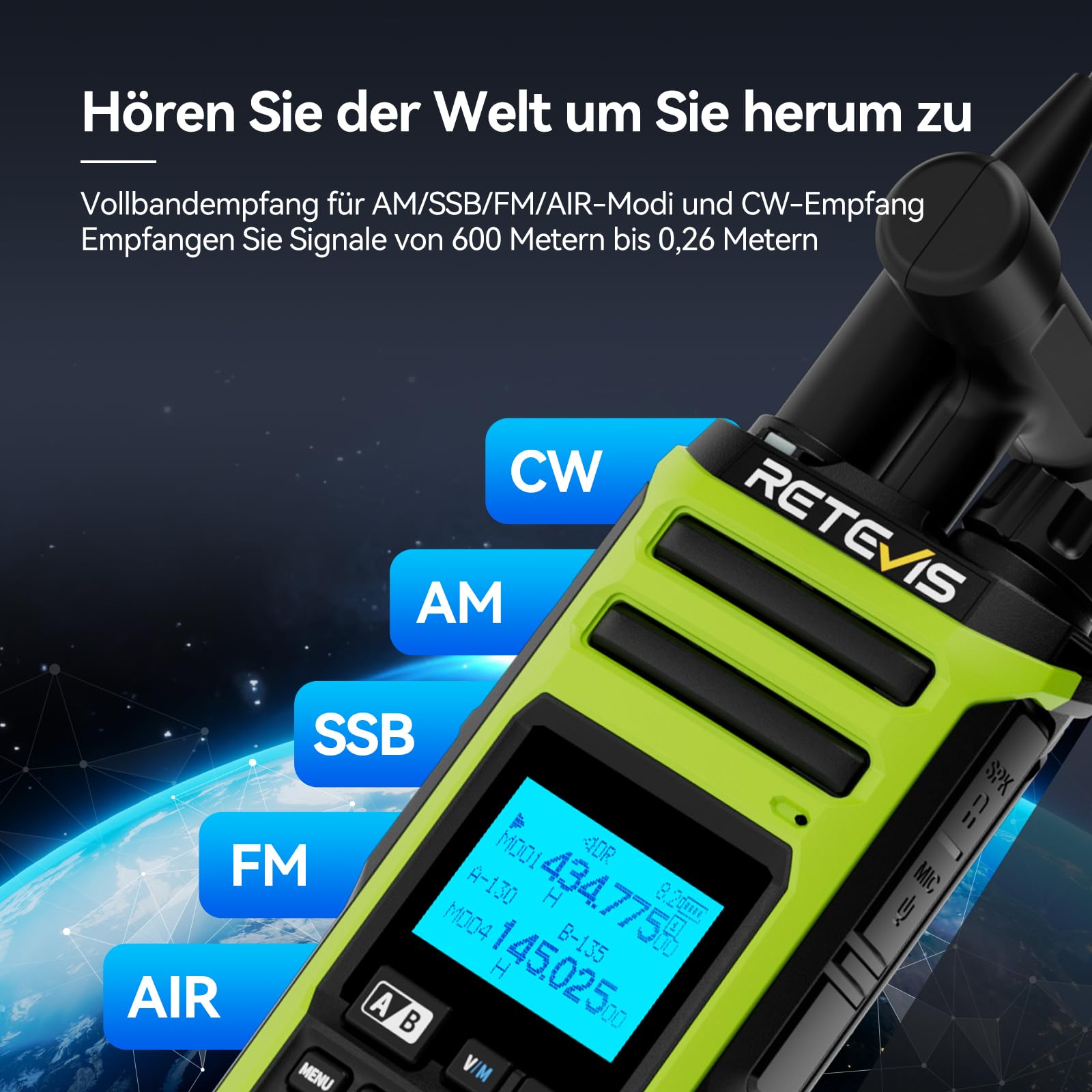 Retevis A3 CB Handfunkgerät Quadband, Funkgeräte mit Große Reichweite, AM/FM/SSB/AIR/CB RX, 999 Kanalnummer, 2500 mAh Akku, VFO Custom, Amateurfunkgerät mit Mikrofon für Reisen und Abenteuer (2 Stück)