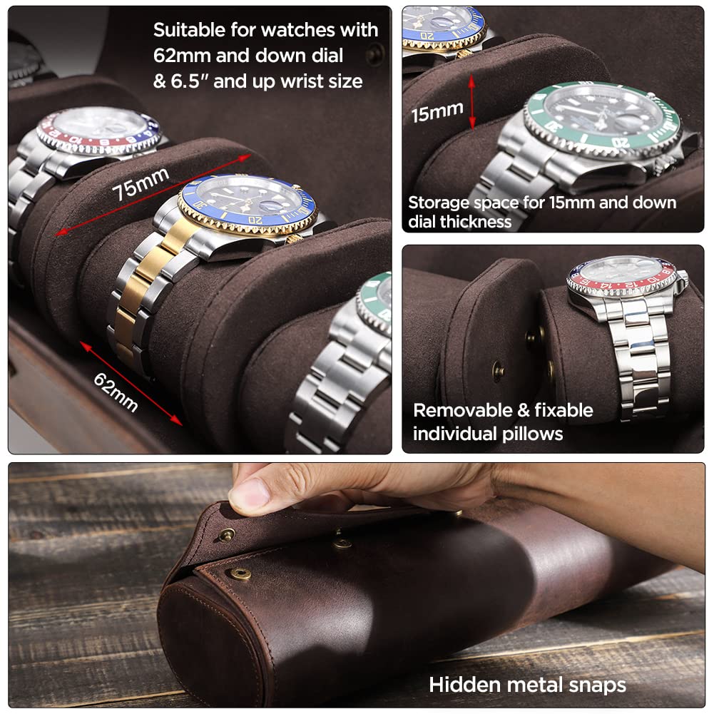 Hiram Custodia a rotolo per 3 orologi, realizzata a mano, in vera pelle, custodia per orologi da viaggio con design rimovibile di montaggio