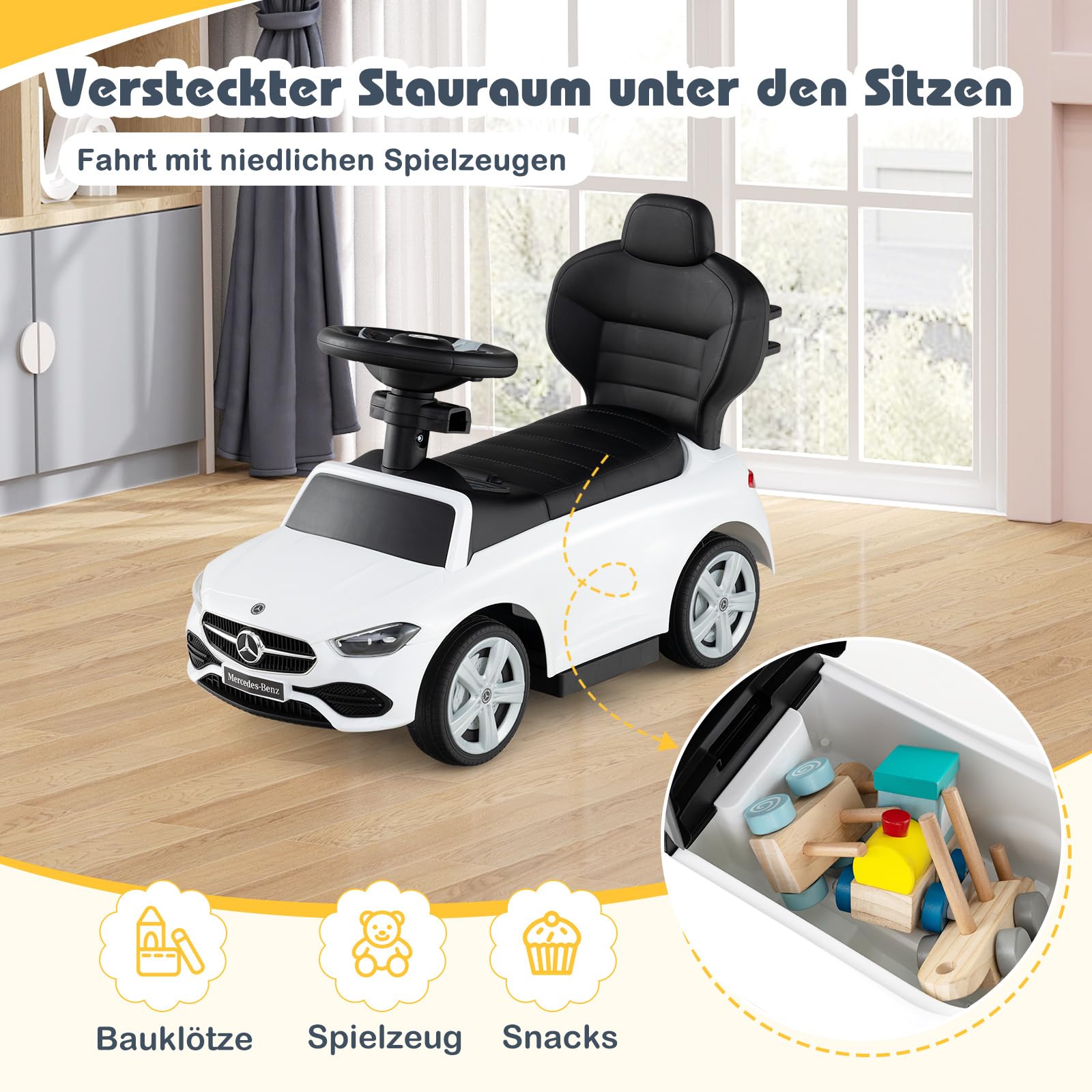 COSTWAY Mercedes-Benz Rutschauto, 3-in-1 Rutschfahrzeug mit Schiebegriff, Stauraum & Lenkschieber, Schiebauto mit Hupe & Sound, Rutscher Auto für Kinder ab 1 Jahr (Weiß)