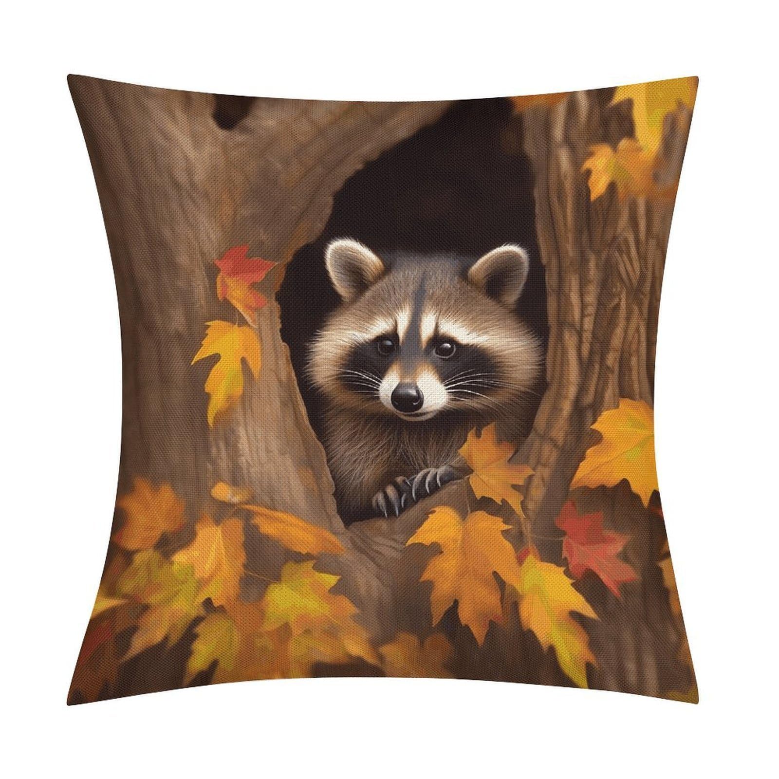 LZQPOEAS Raccoon in The Fall Tree Hole Throw Pillow Covers, Waterproof Faux Linen Pillow Cases with Invisible Zipper, Decorative Square Cushion Covers for Sofa Couch Living Room Bedroom 18x18 Inch