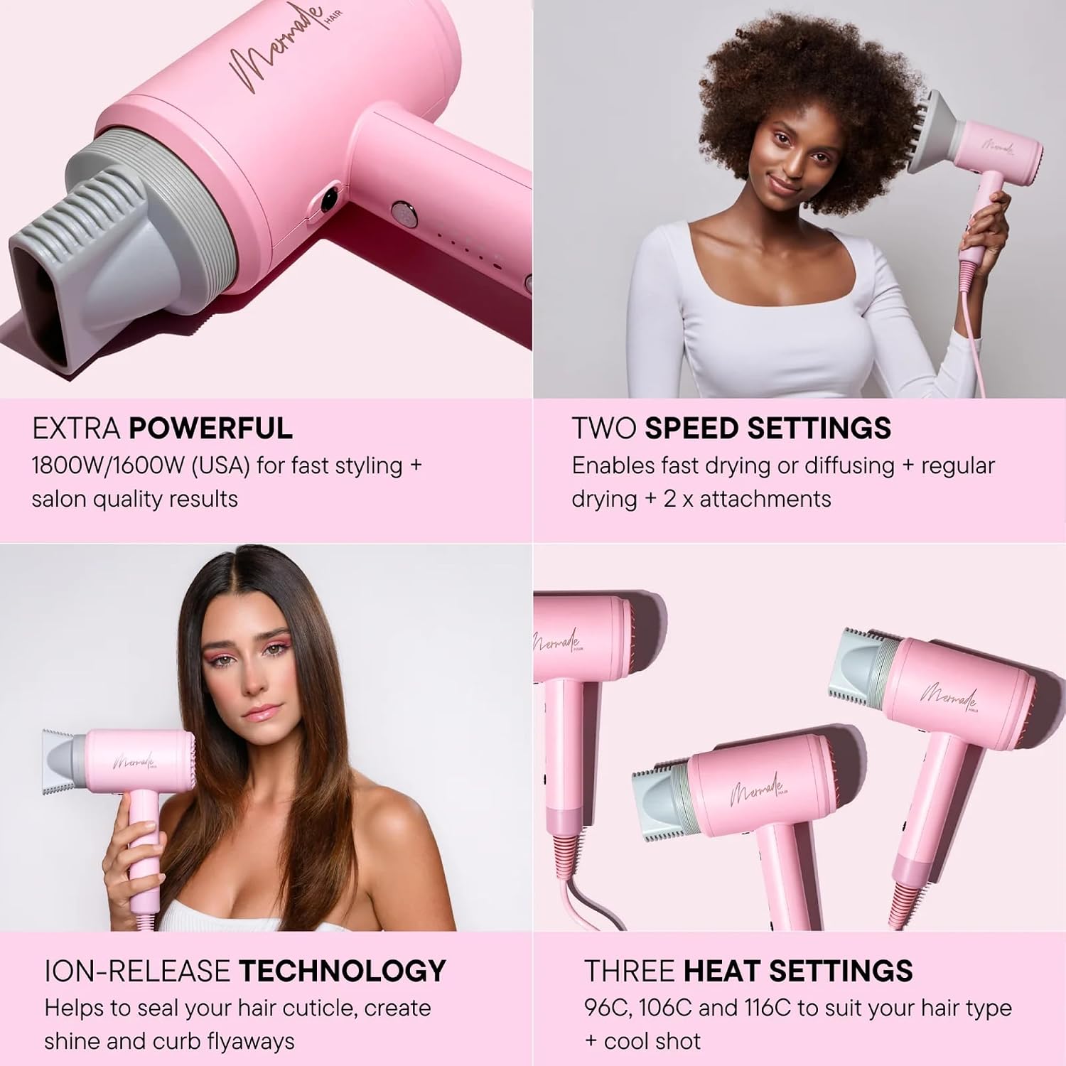 Mermade Hair Dryer - Blow Dryer, Hairdryer, Curly Hair Dryer, Professional Blowdryer for Fast Drying, Styling, Blowout, Compact & Portable, Works on All Hair Types - Pink (Pack of 1)