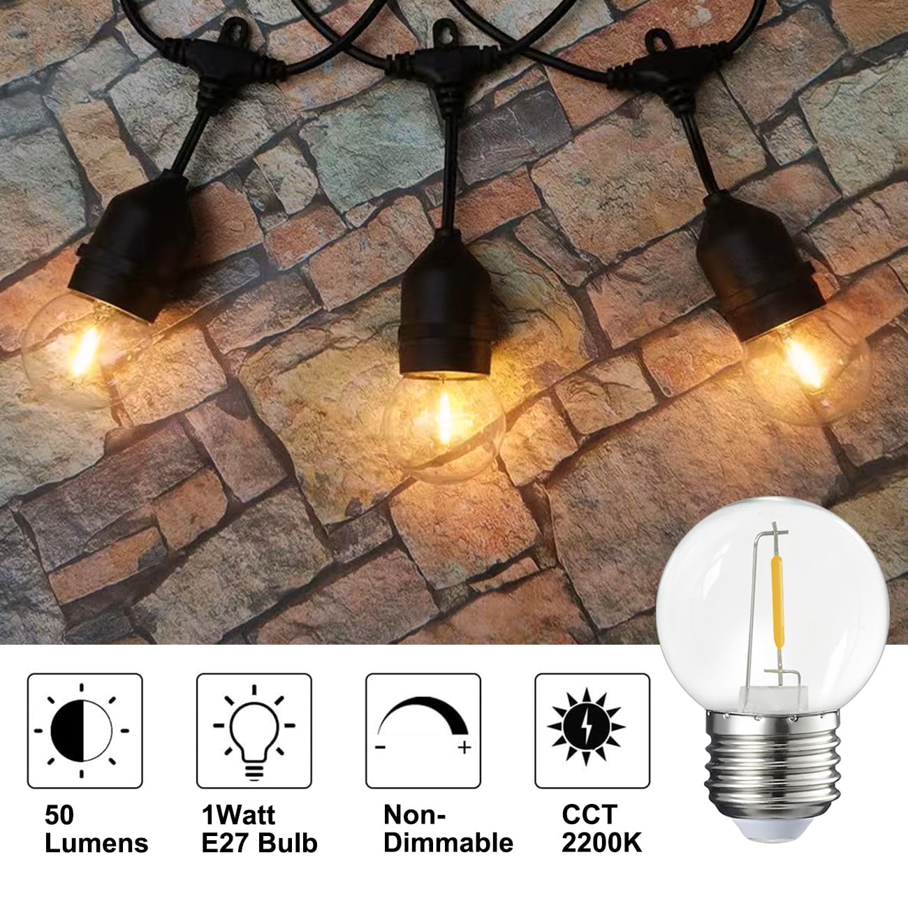 40 piezas LED E27 1W, blanco cálido 2700K,E27 tornillo base 1W bombilla globo lámpara para decoración de fiesta de vacaciones, bombilla para luces de hadas, AC 220V
