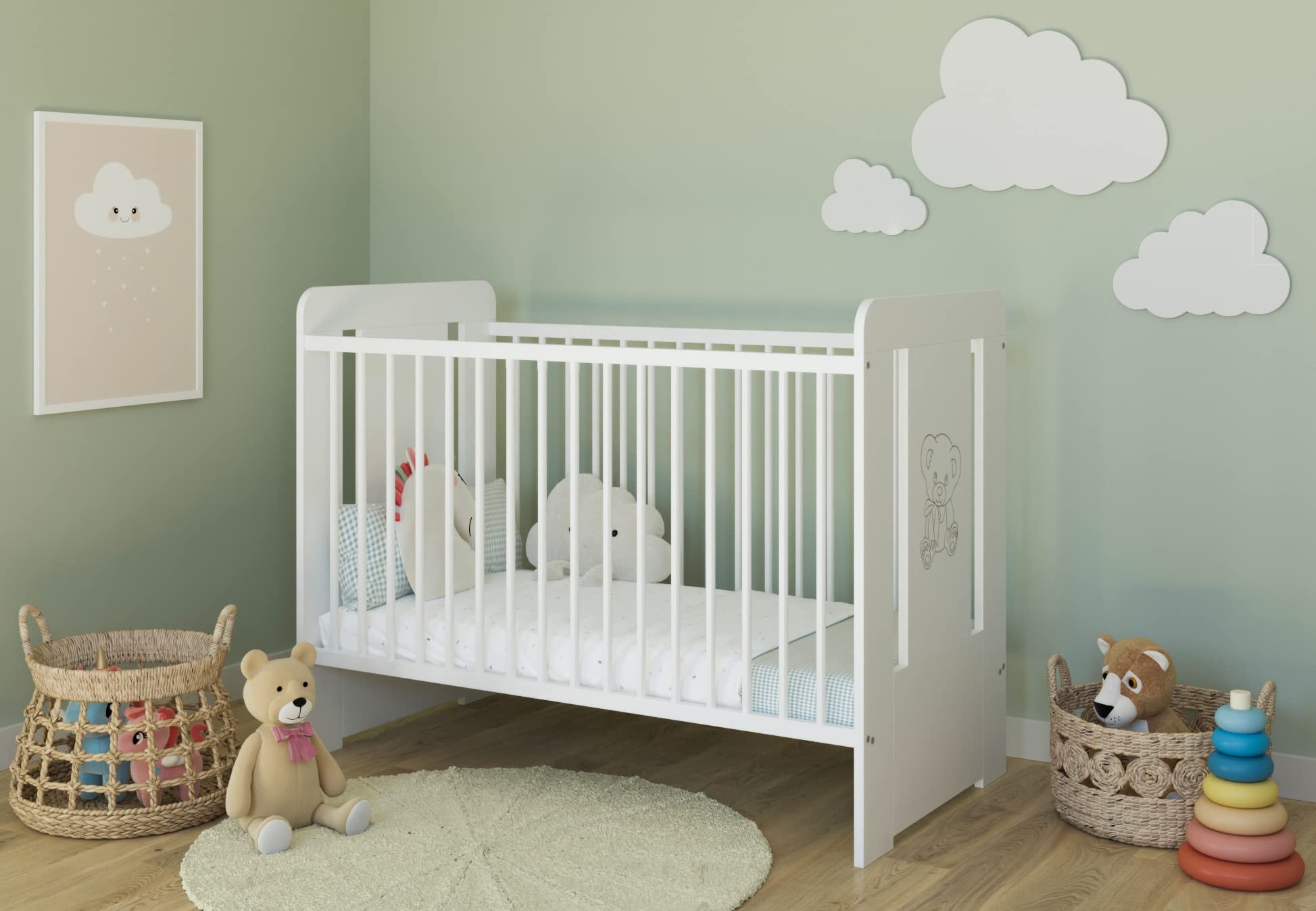 Kids Collective Lit bébé à barreaux avec Motif Ourson - Réglable en Hauteur - 60 x 120 cm - avec barreaux Amovibles - Blanc - Fabriqué en Europe