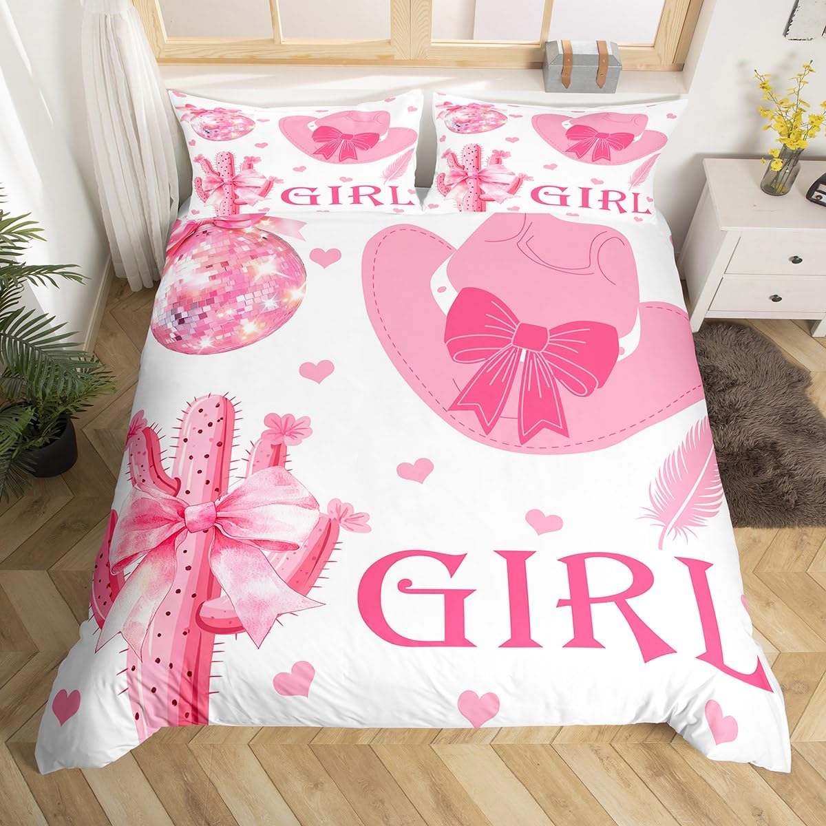 Girls Bowknot Bedding Set King,African Pink Cactus Duvet Cover,Western Cowgirl Bed Set,Disco Ball Love Heart Quilt Cover with Zipper Closure — image 1
