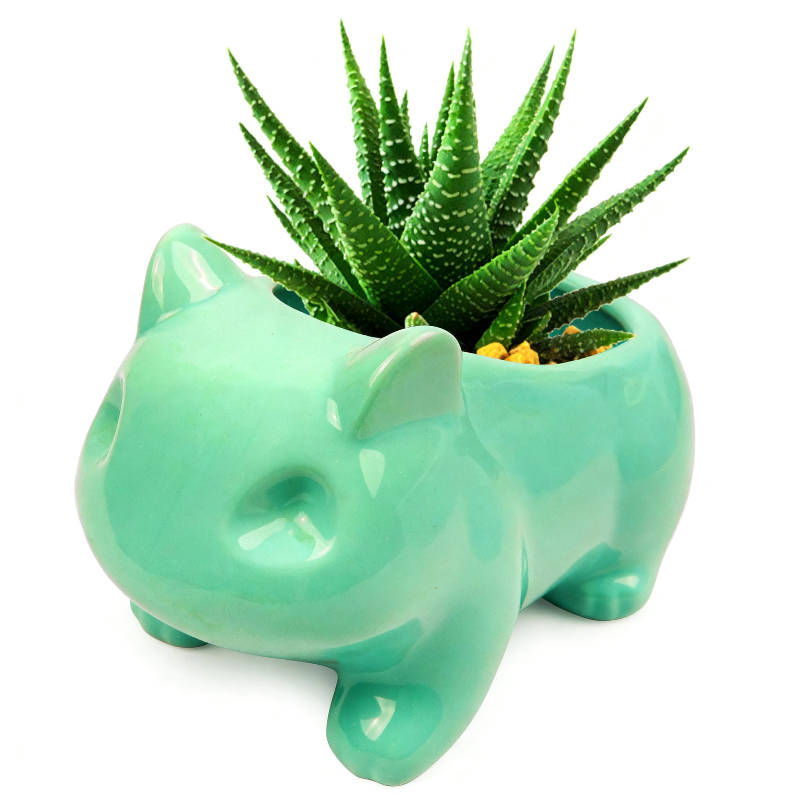 Cartoon Ceramic Flowerpot Glazed Pottery Succulent Pot Cute Planter Ceramic Art Vase Animal Shaped Green with Hole