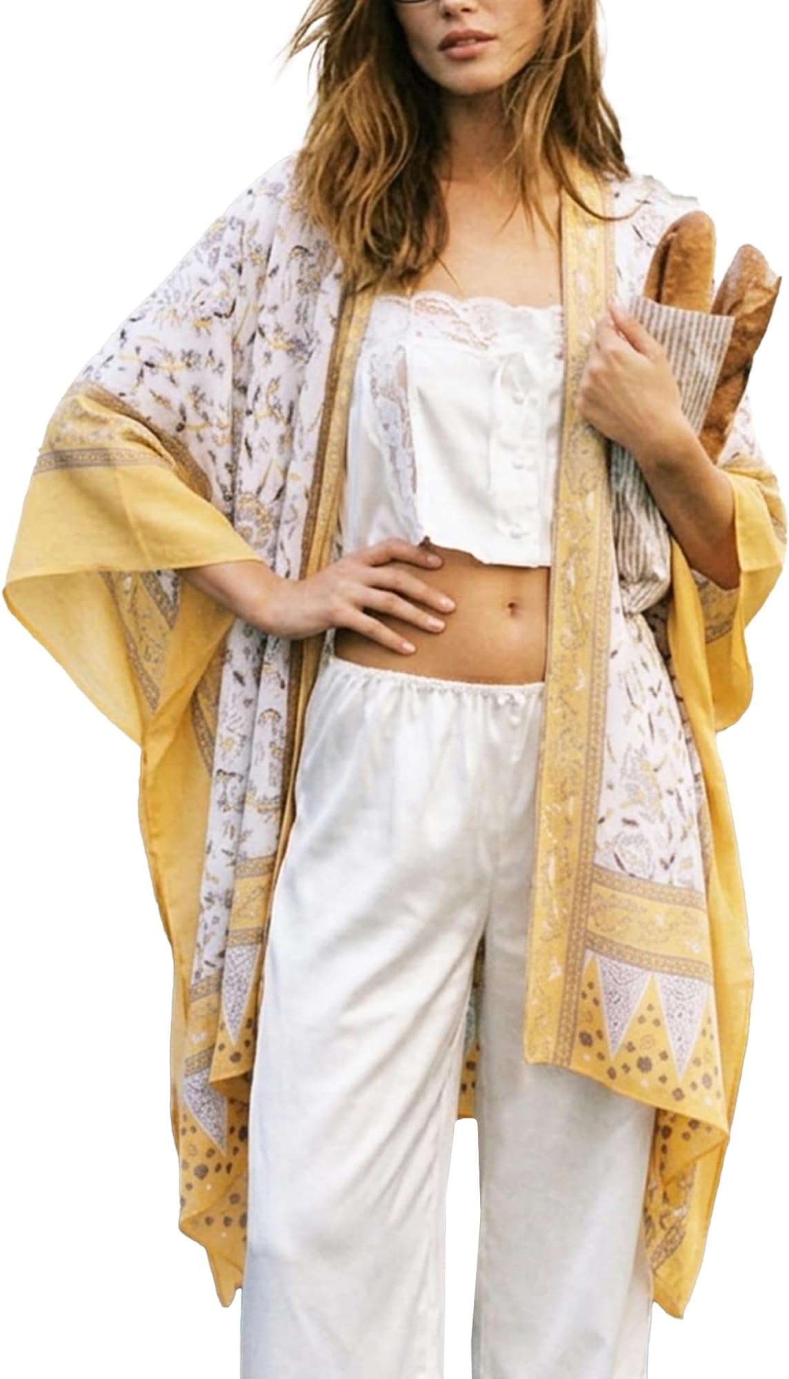 Women's Beach Cover up Swimsuit Kimono with Bohemian Floral Print, Loose Casual Resort Wear