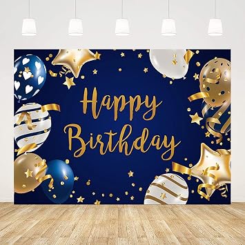 7x5ft Happy Birthday Backdrop Navy Blue Background Gold Stars Blue White Stripe Balloons Photography Background Birthday Party Decorations Cake Table Baner Decor Props