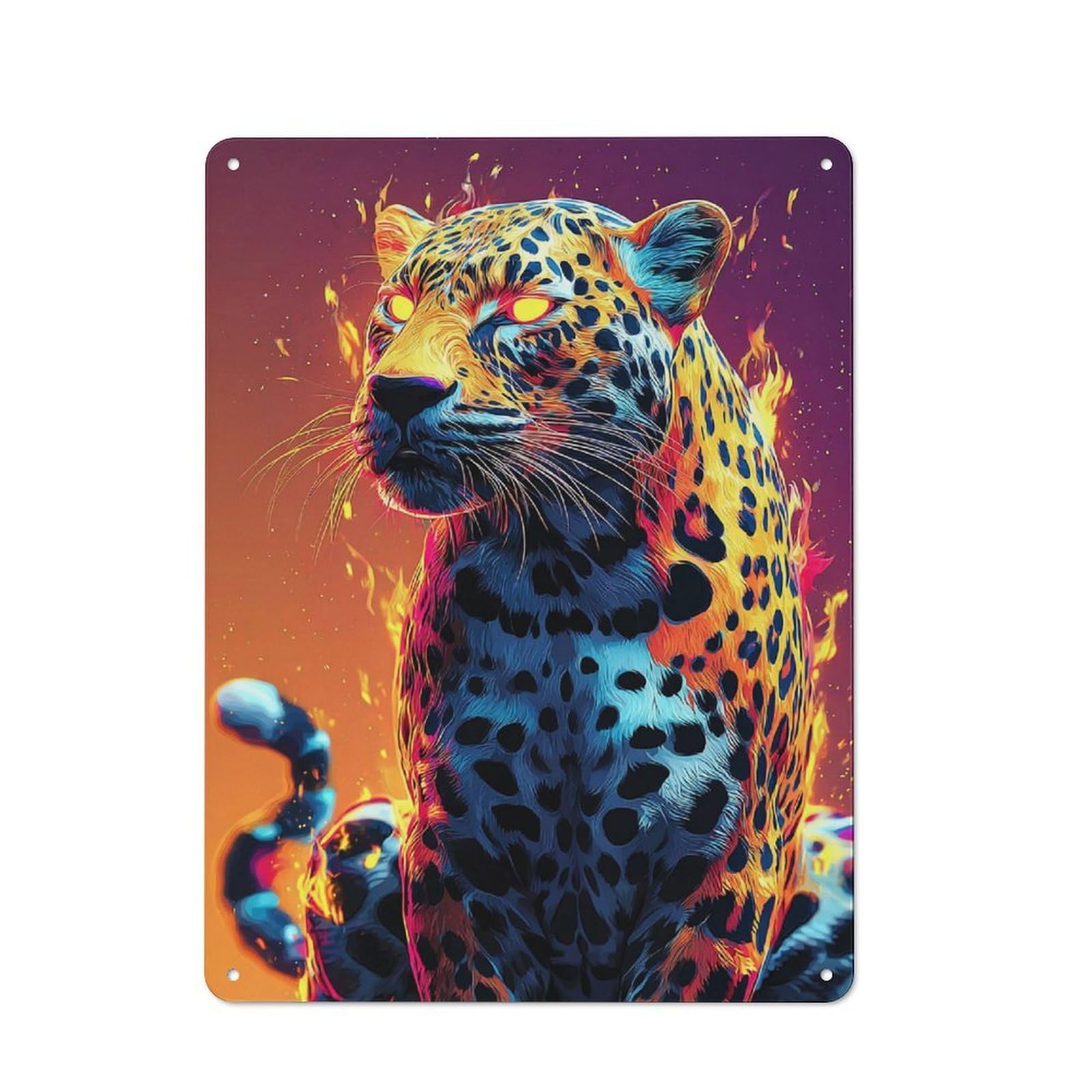 Junmoney Flaming Leopard Digital Art Metal Sign 40X30cm, Vintage Bar Wall Plaque For Diner, Restaurant, Shed Or Kitchen