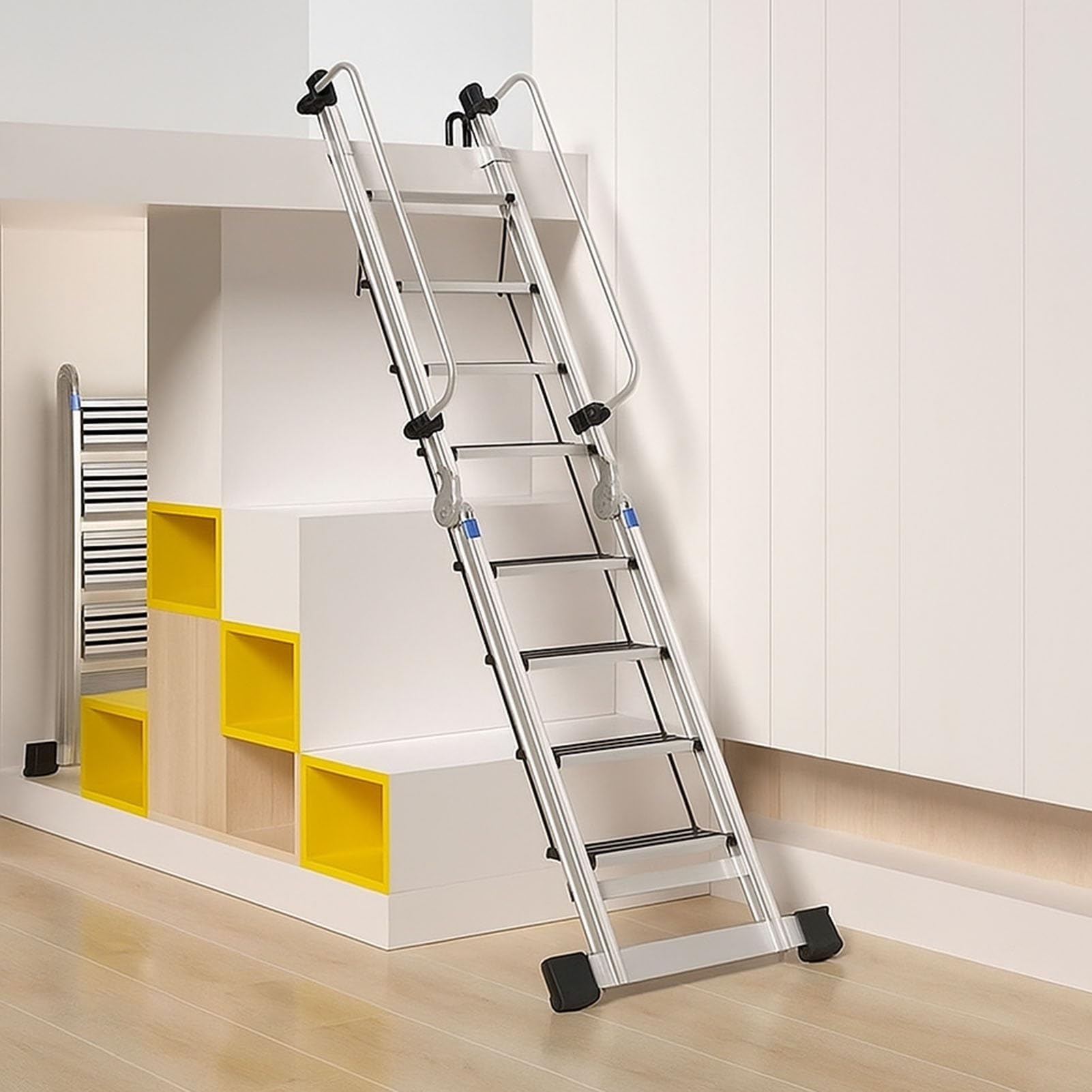 Escalera plegable de aleación de aluminio resistente con pasamanos de seguridad, escalera portátil para ático para almacén, sótano, garaje, acceso al techo
