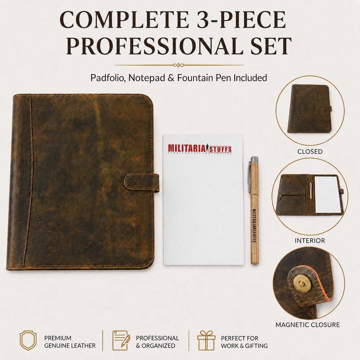 Portefeuille en cuir avec fermeture éclair pour homme et femme, porte-documents en cuir, classeur pour documents A4/bloc-notes, dossier en cuir, dossier de documents (marron)