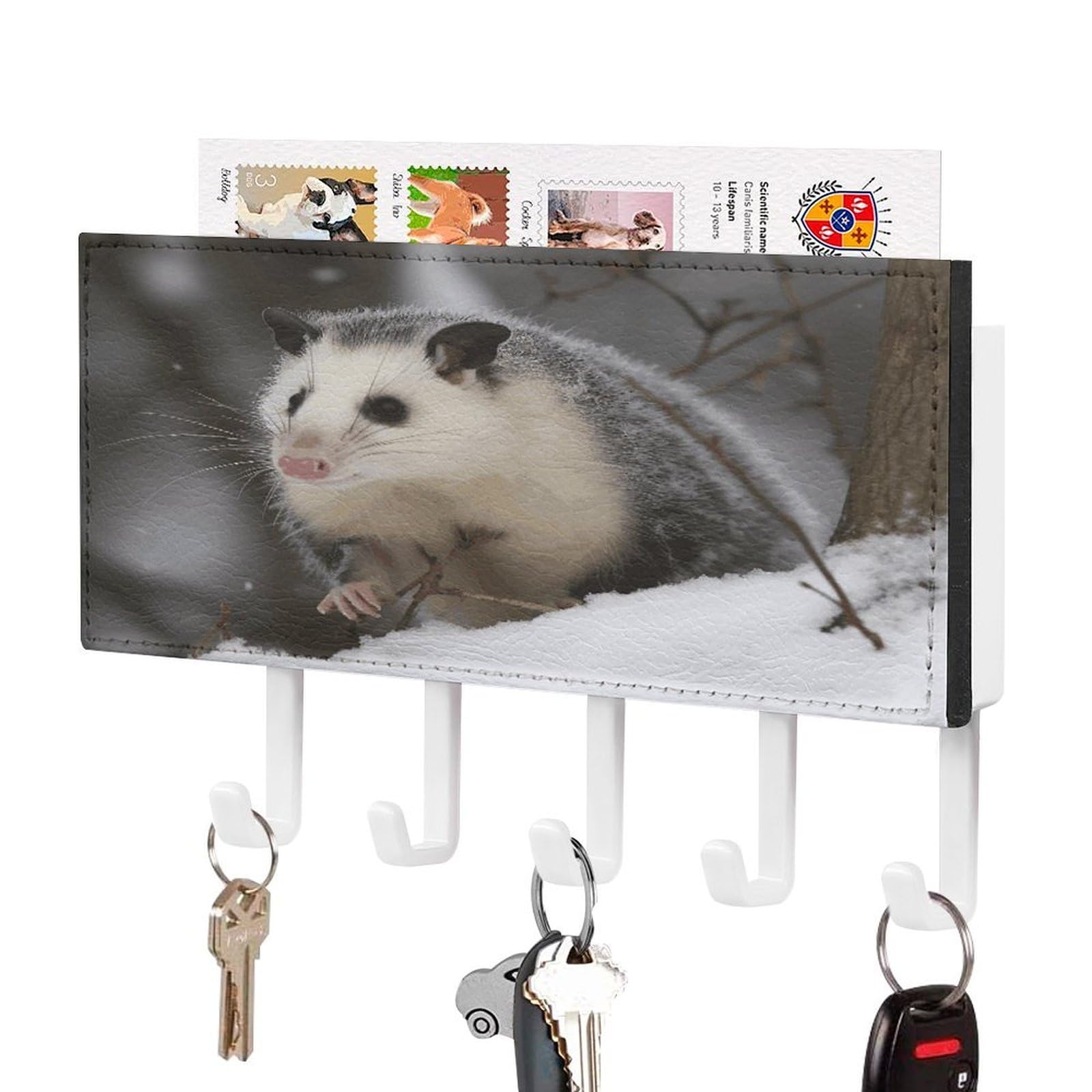 FekiLoot Opossum in Snow Key Holder Wall Mount Key and Mail Holder Key Hanger with 5 Hooks Decorative PU Key Rack Hanging Key Hooks for Wall Living Room Kitchen Bathroom Hallway White-Style