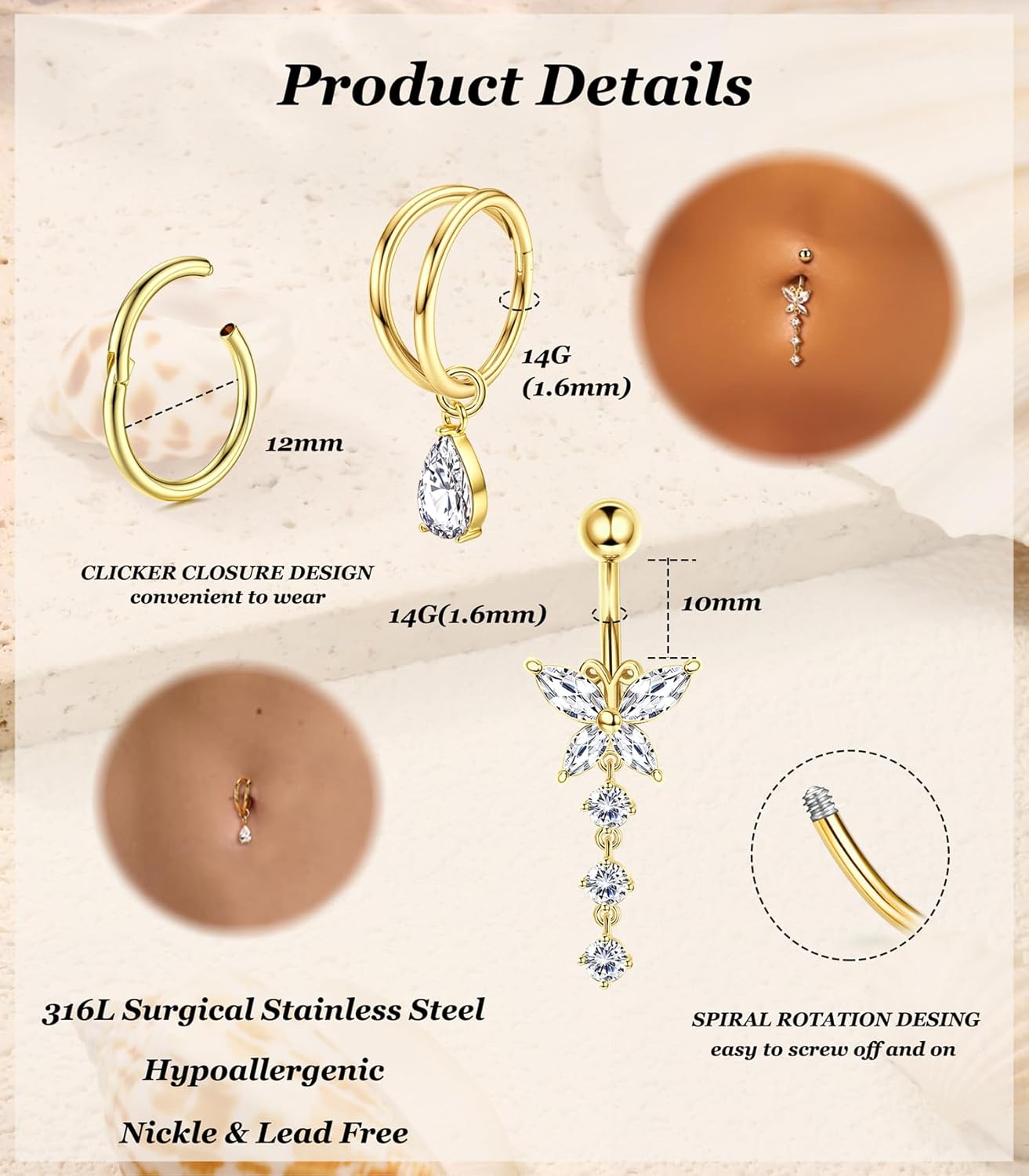 9Pcs 14G Belly Button Rings for Women Surgical Stainless Steel Belly Ring Cute Navel Rings Butterfly Flower Heart Double Hoop Dangle Belly Button Ring Set - Image 4