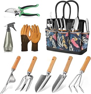 Grenebo Gardening Tools 9-Piece Heavy Duty Gardening Hand Tools with Fashion and Durable Garden Tools Organizer Handbag,Rust-Proof Garden Tool Set, Ideal Gardening Gifts for Women (Black)