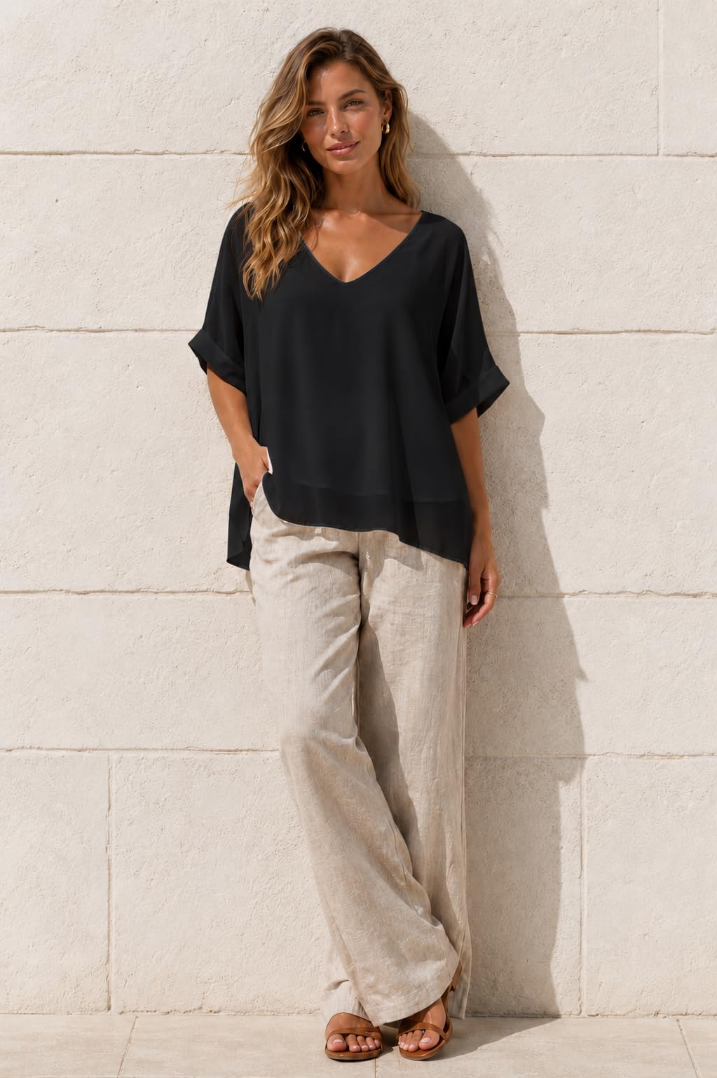 Van Der Rich ® - Blouse Ample en Voile Mousseline Col V Doublé Intérieur - Femme