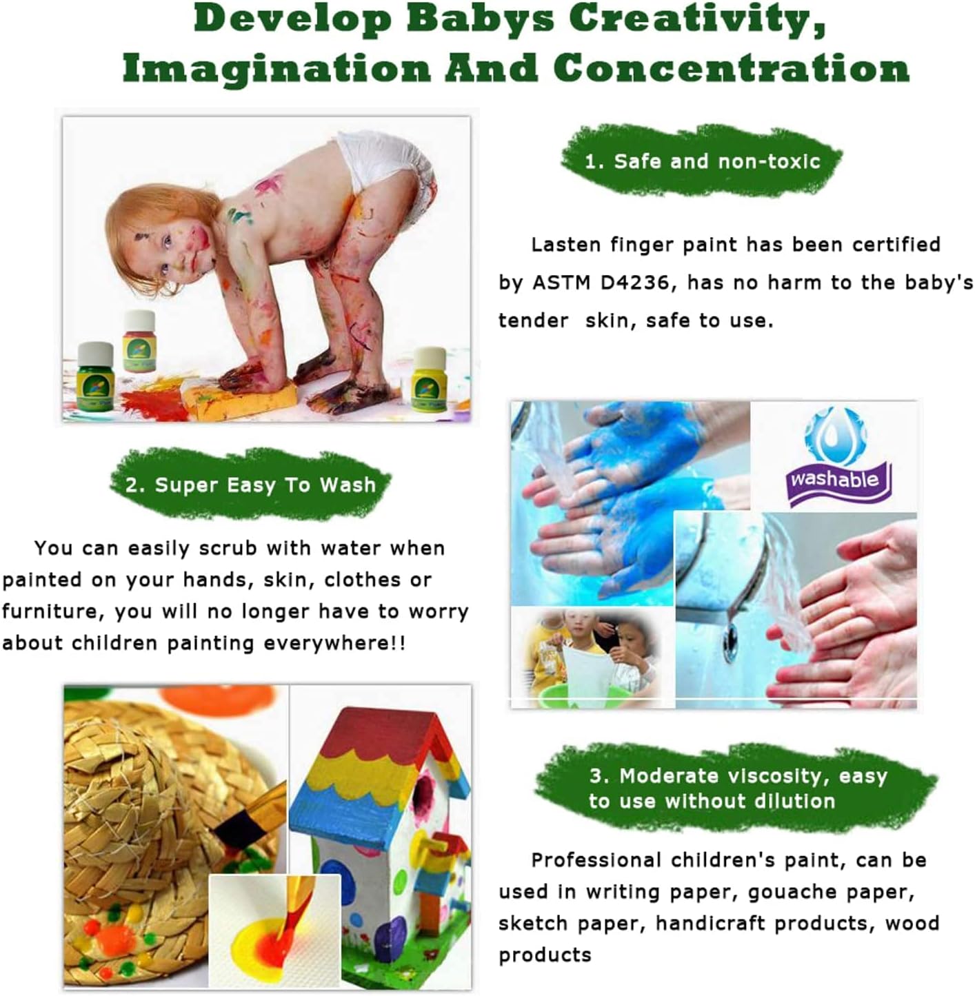 Lasten Washable Finger Paint Set for Kids Toddlers, Non-Toxic Eco-Friendly Bright Painting for Kids DIY Crafts Painting (12 Color X 1 fl oz) : Everything Else