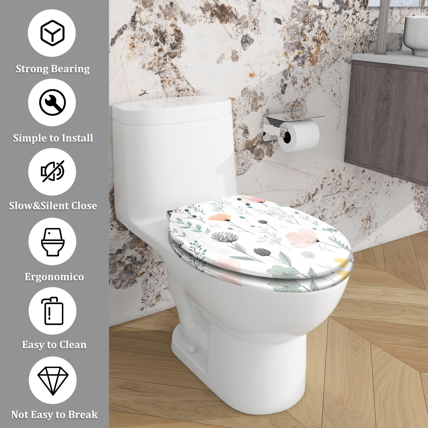 Asiento de inodoro alargado de resina, para uso en el baño.