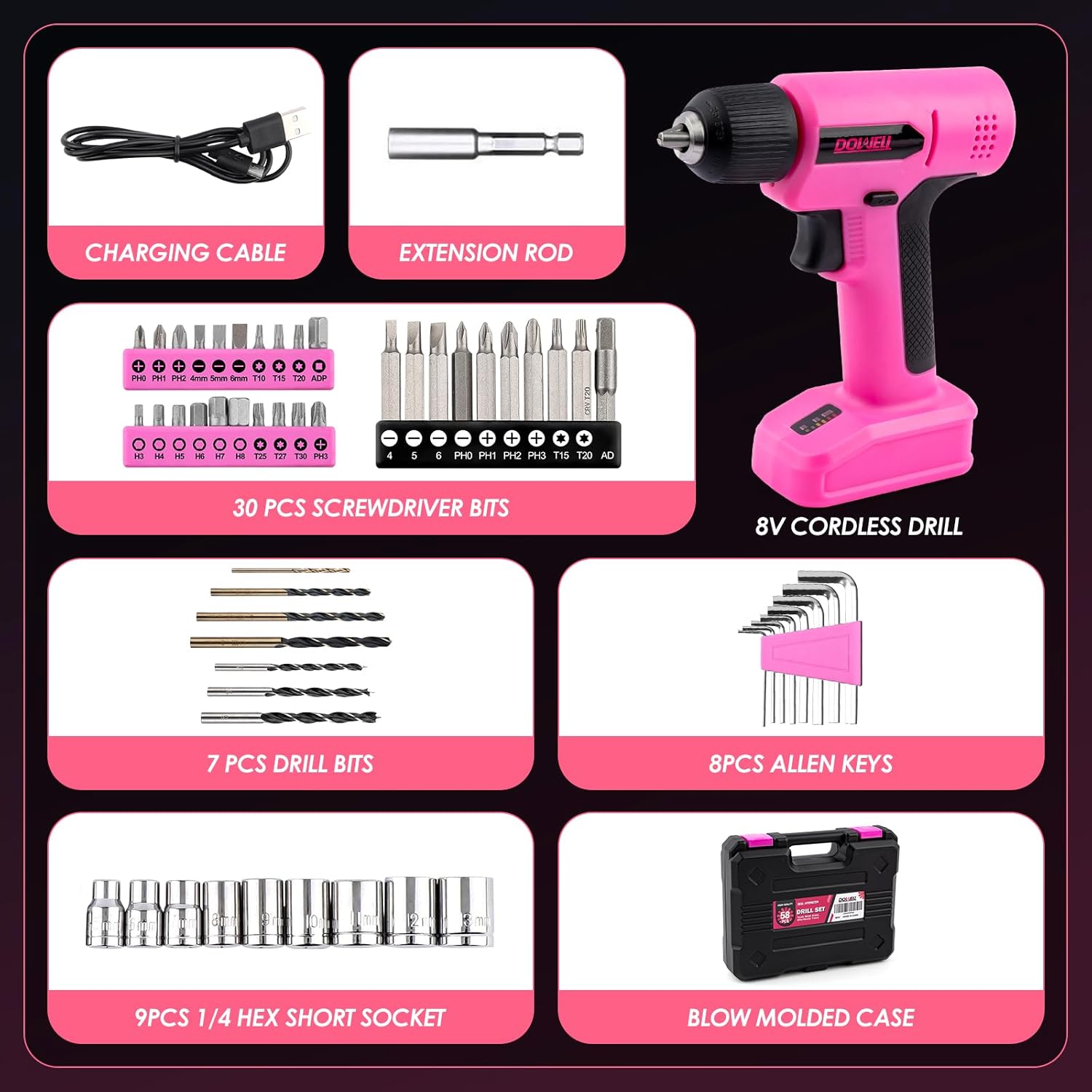 DOWELL 8V Cordless Drill Tool Set 58 PCS, Built-in LED, Variable Speed, Type-C Charge Cable, Blow Molded Case, for DIY, Home Maintenance & Light Drilling, Pink