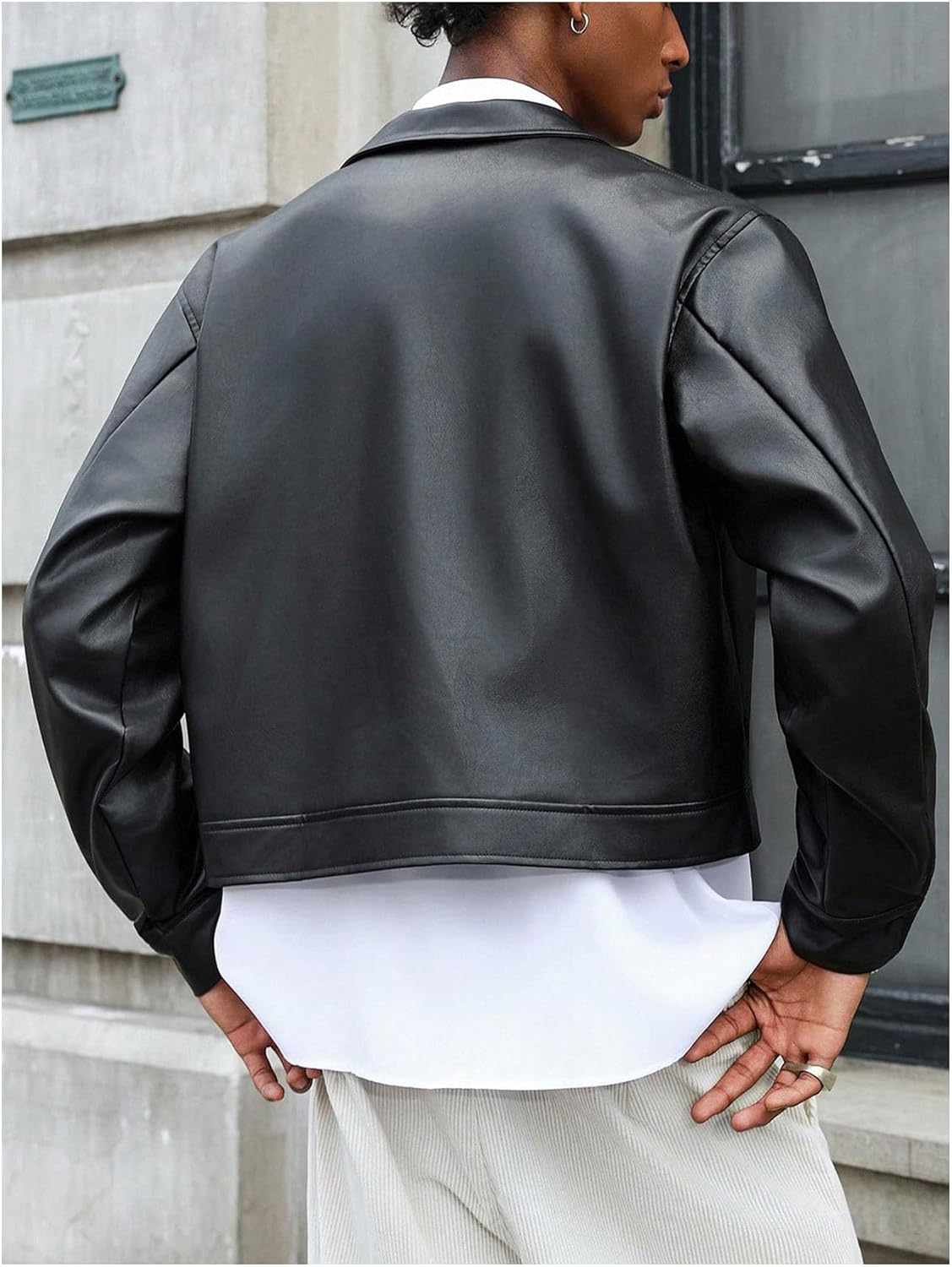Men's Faux Leather Jacket Long Sleeve Zip Up Collared Crop Biker Motorcycle Lightwe... - Image 2