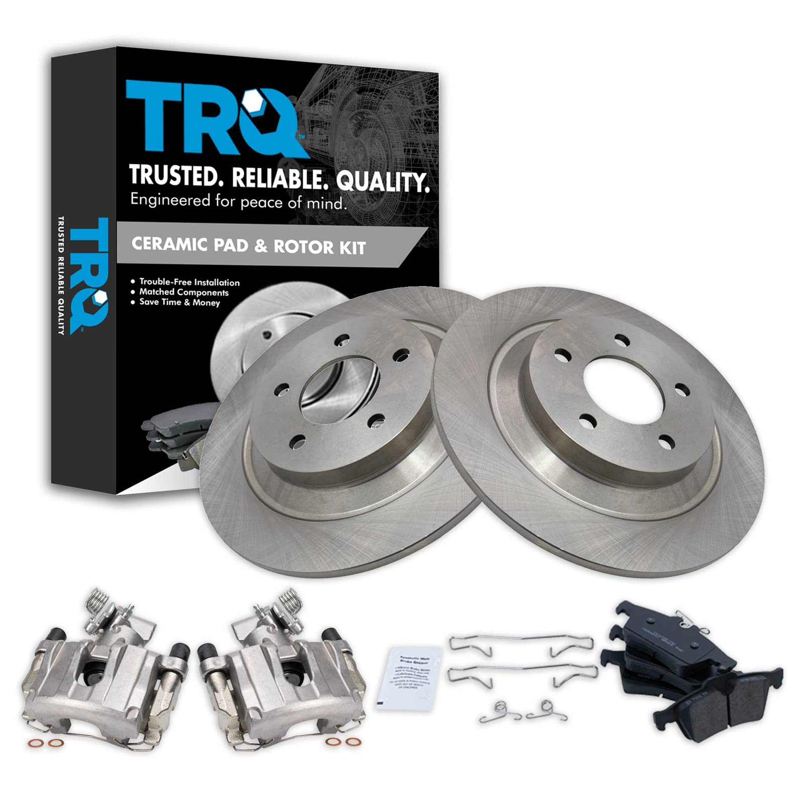 TRQ Rear Brake Pad and Rotor Set Ceramic Solid Rotors Calipers Compatible with 2007-2008 Mazda 5
