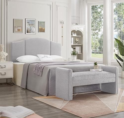 Miniatura 7 de 24KF Banco de cama tapizado moderno cubierto con tela de peluche suave Boucle, precioso banco de entrada otomano con reposabrazos, 5062-gris Banco