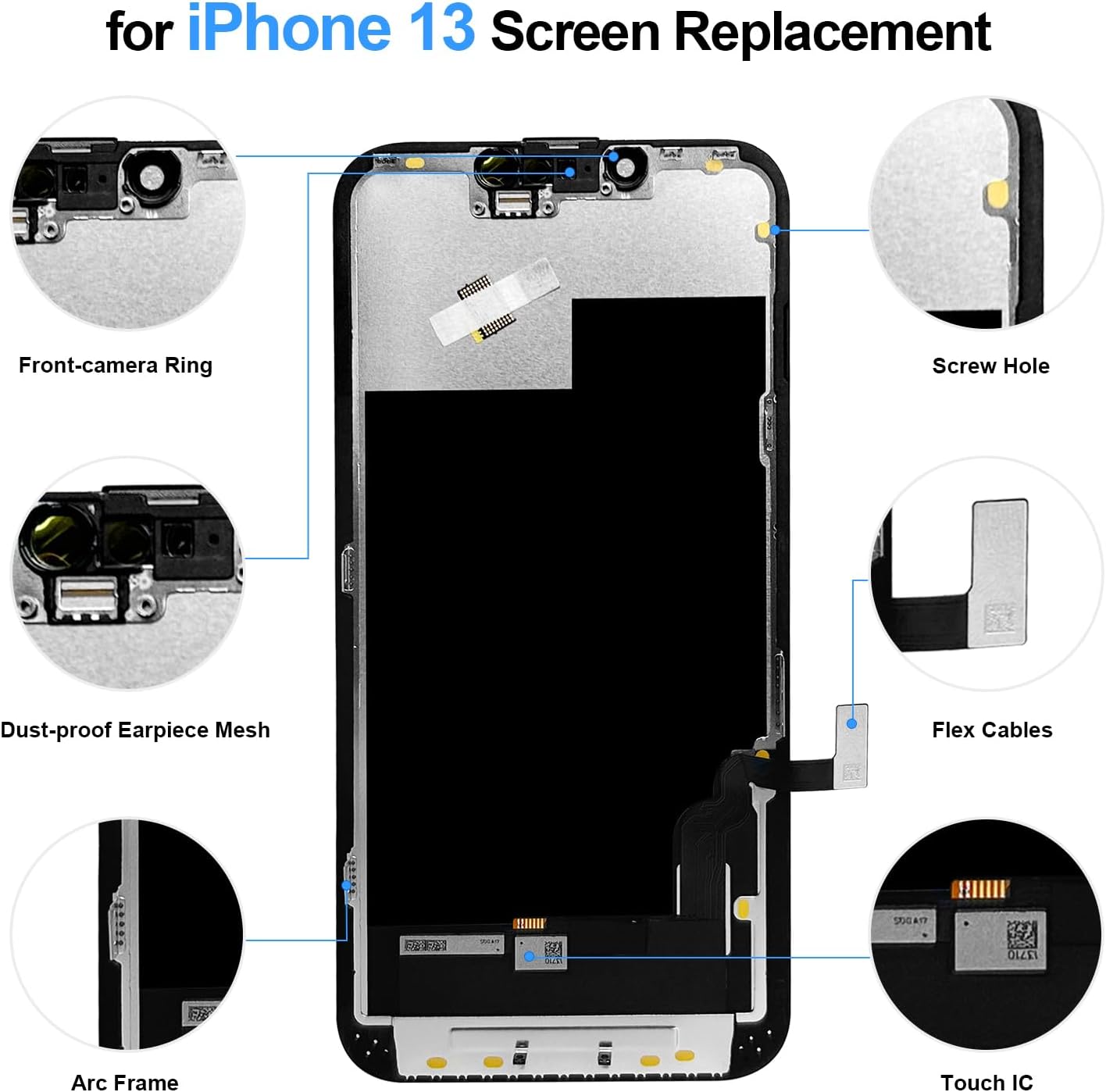 for iPhone 13 Screen Replacement 6.1 inch, 3D Touch LCD Screen Display Digitizer Frame Assembly Repair Kit with Phone Case+Waterproof Seal+Repair Tools - Model A2482,A2631,A2633,A2634,A2635