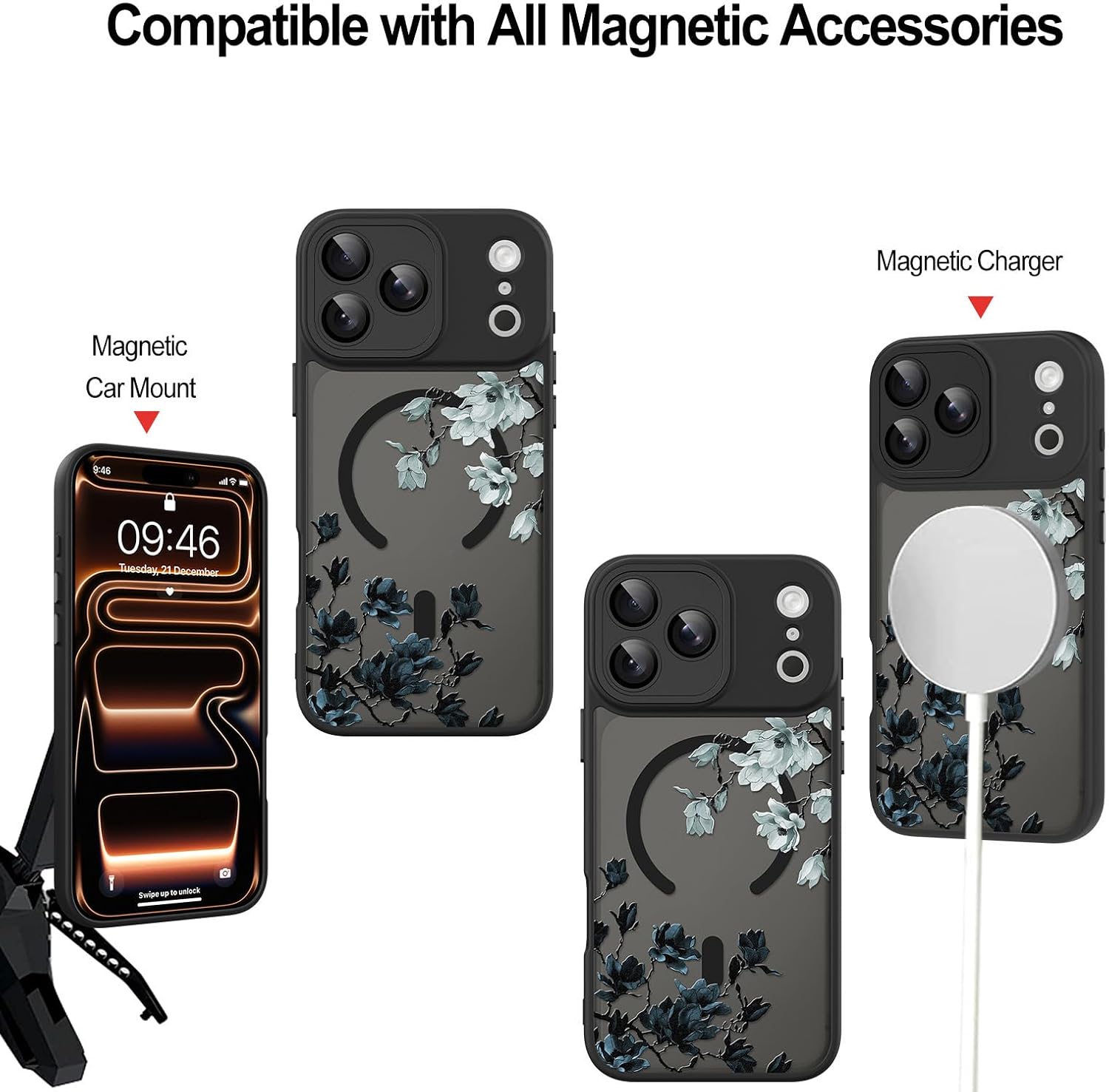 Fiyart Designed for iPhone 17 Pro Case Matte Flower Floral Design Compatible with MagSafe Wireless Charging,Cute Magnolia Anti-Scratch Translucent Phone Cover for Women Girls 6.3"-Black White