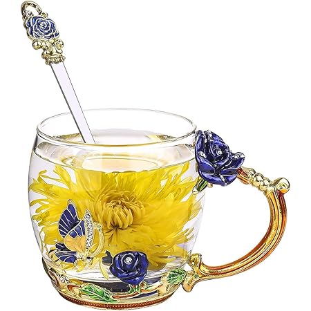 Enamel Flower Glass Coffee Mugs Tea Cup With Steel Spoon, #40 - View #5