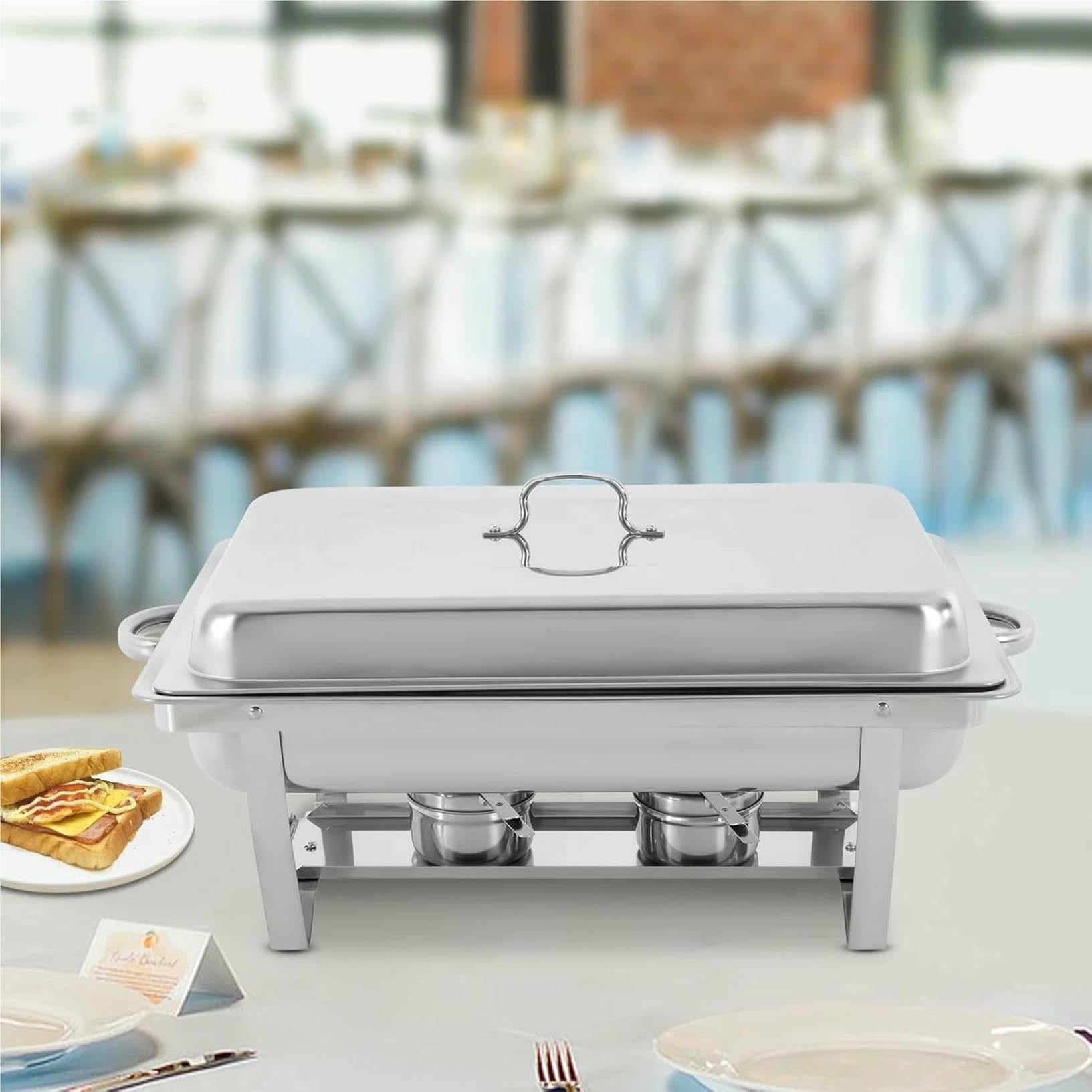 Set scaldavivande a 3 scomparti in acciaio inox, scaldavivande con combustibile solido alcolico, per feste, eventi, catering e buffet, supporti eleganti e durevoli