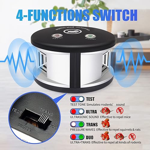 Miniatura 3 de Careland Repelente ultrasónico repelente de ardillas repelente de ratones 360 repelente de roedores 4 en 1 repelente de ratones enchufable para