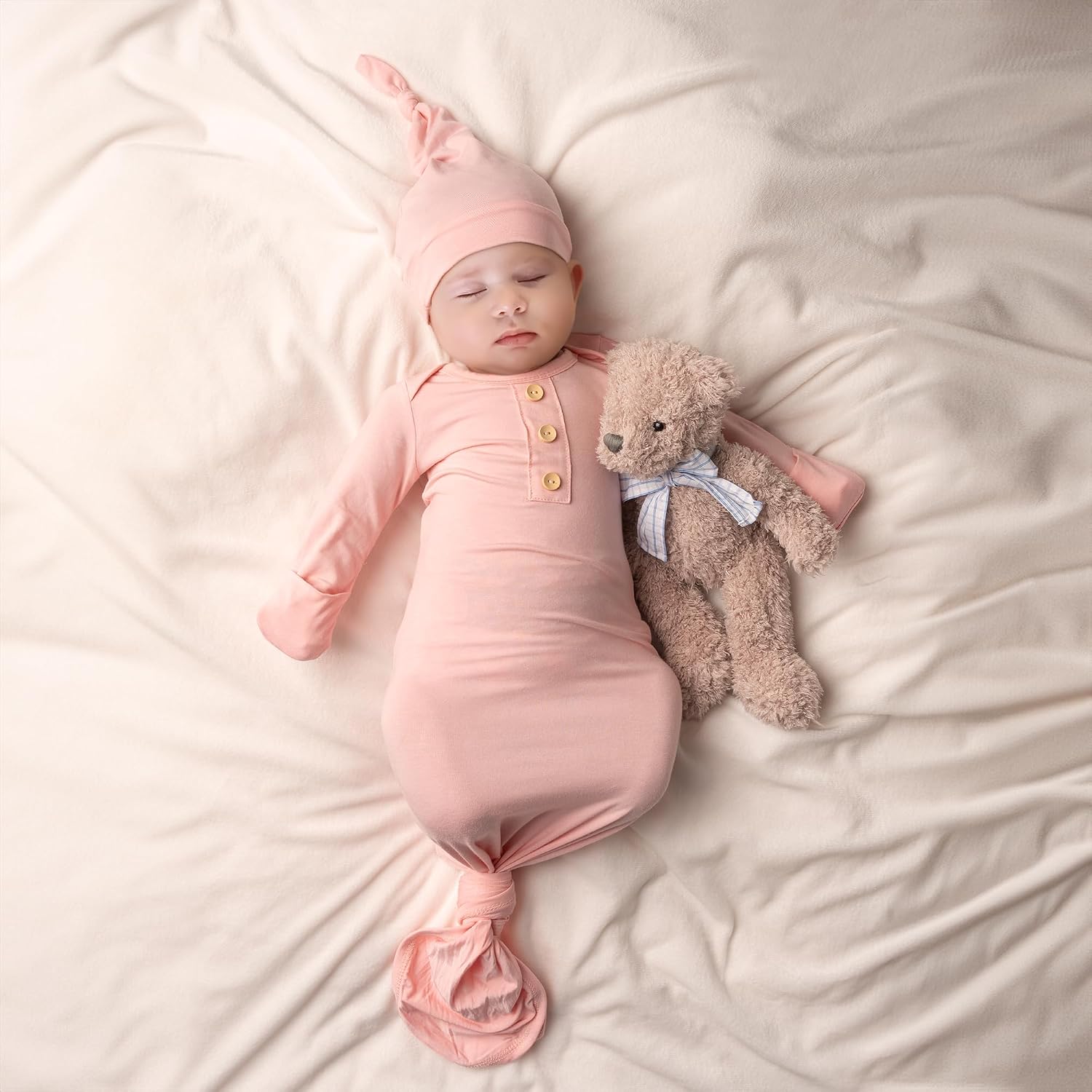 2PK Silky Soft Newborn Knotted Gown, Snuggly Infant Sleeper for Baby Girls, Sleepwear Set with Mittens, Bowknot, Clip and Hat