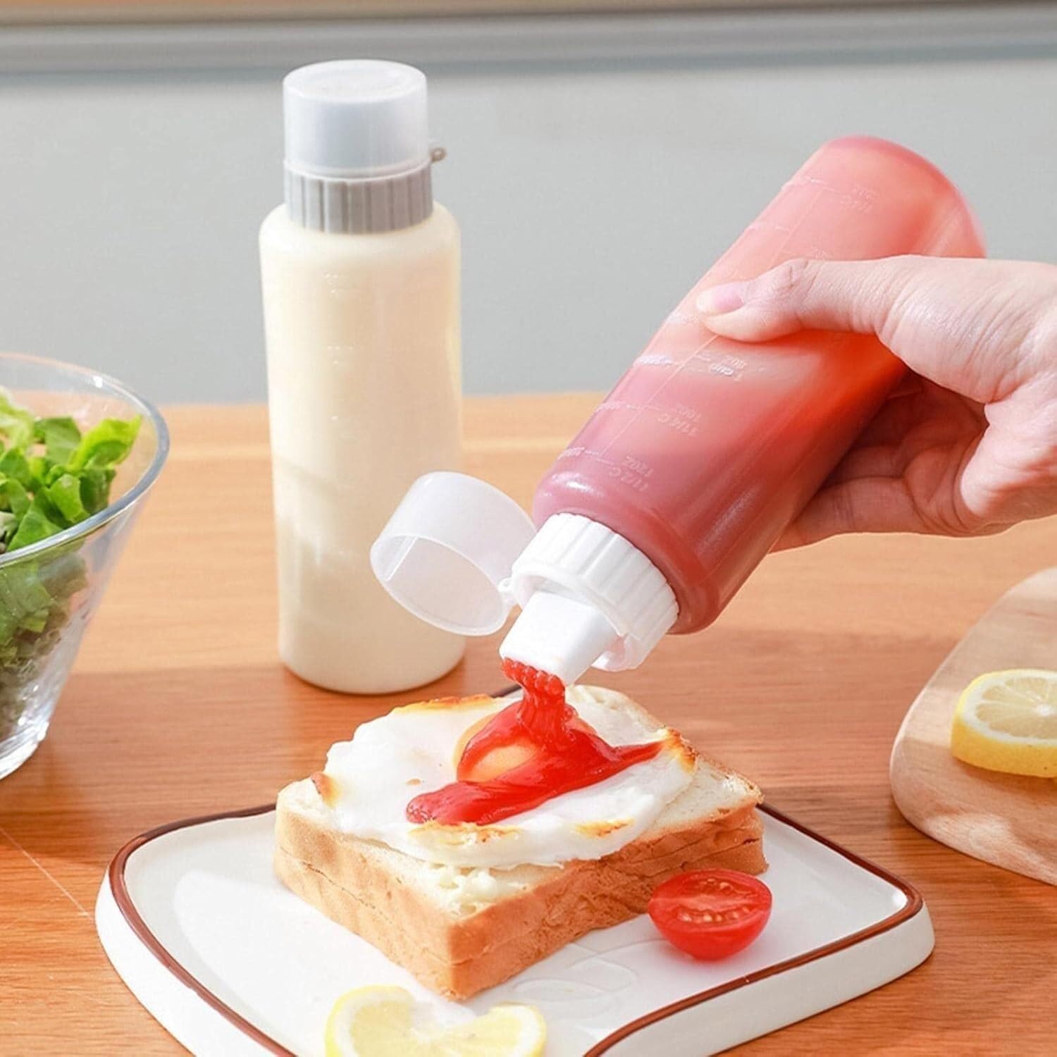 Quetschflasche Squeeze Flasche 5-teiliges Set Aus Gewürz-Quetschflaschen Mit Skala, Ketchup-Flasche, Ölflasche, Soße, Kunststoffbehälter, Küchenutensilien Saucenflasche(G,175ml)