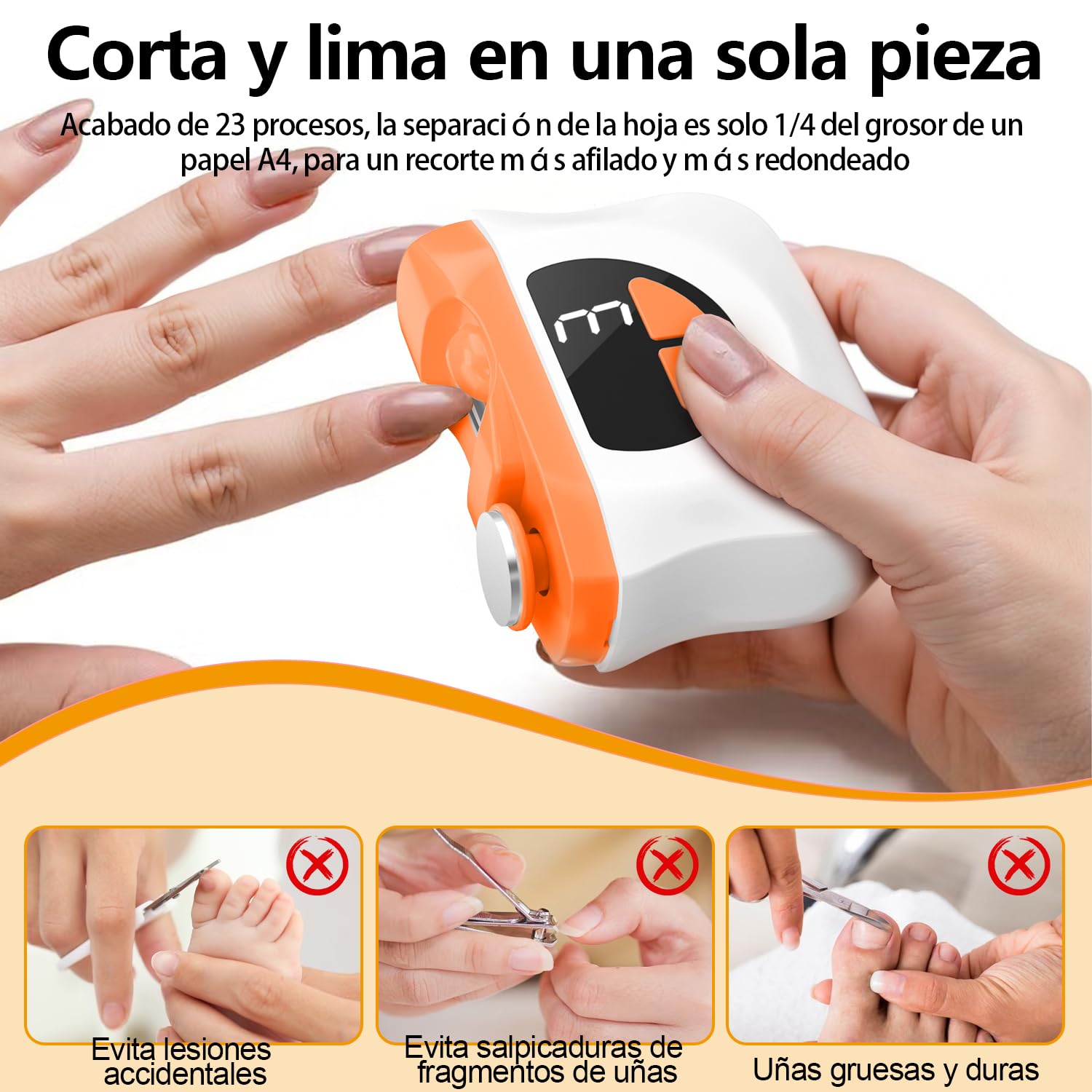 Cortauñas Electrico, 2026 nuevo 3 en 1 Cortaúñas Automático y Pulidor, 3 velocidades Cortauñas Eléctrica Ajustable Automático con Luz LED y Recargable por USB, para bebés, adultos y ancianos - Naranja