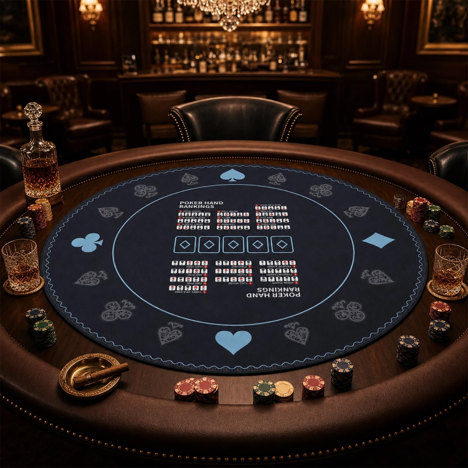AQQA 47-Inch Round Poker Table Mat with Hand Rankings - Waterproof & Durable Texas Hold'em Mat, Foldable Poker Game Mat for Home Games, Tournaments, Card Nights (Foldable Design)