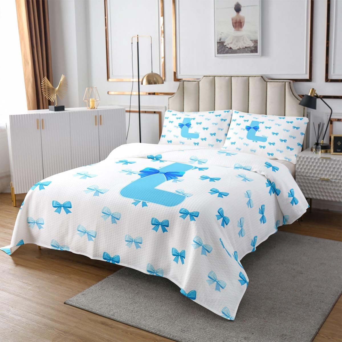 Feelyou Cute Blue Bow Bedspread King Size Ribbon Bow Knot Coverlet Set Personalized Initial L Quilted Coverlet for All Season with 2 Pillowcases Kawaii Microfiber Lightweight Princess Bowknot