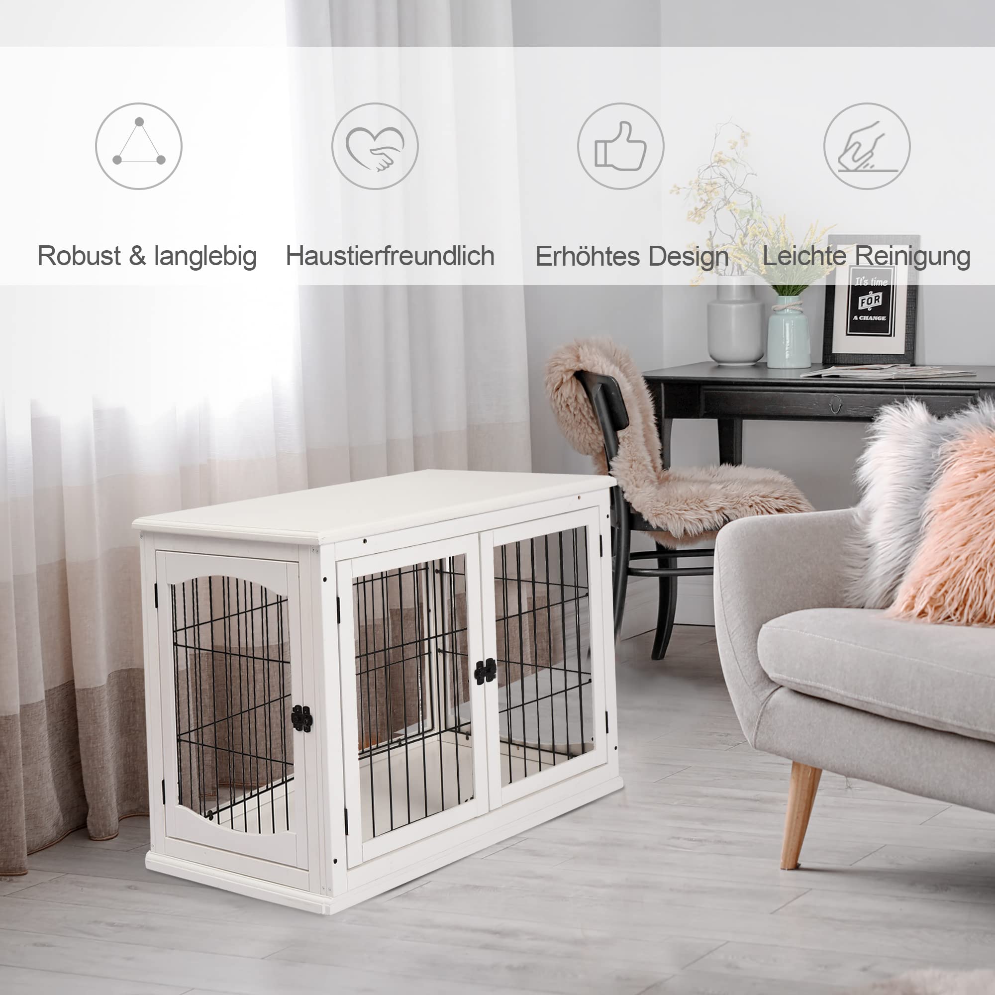 PawHut Hundekäfig Möbel mit 2 Eingängen Moderne MDF Hundebox für Zuhause Indoor Hundehütte für mittelgroße und kleine Hunde bis zu 20 kg Hundehaus 58,5x81x66 cm Weiß