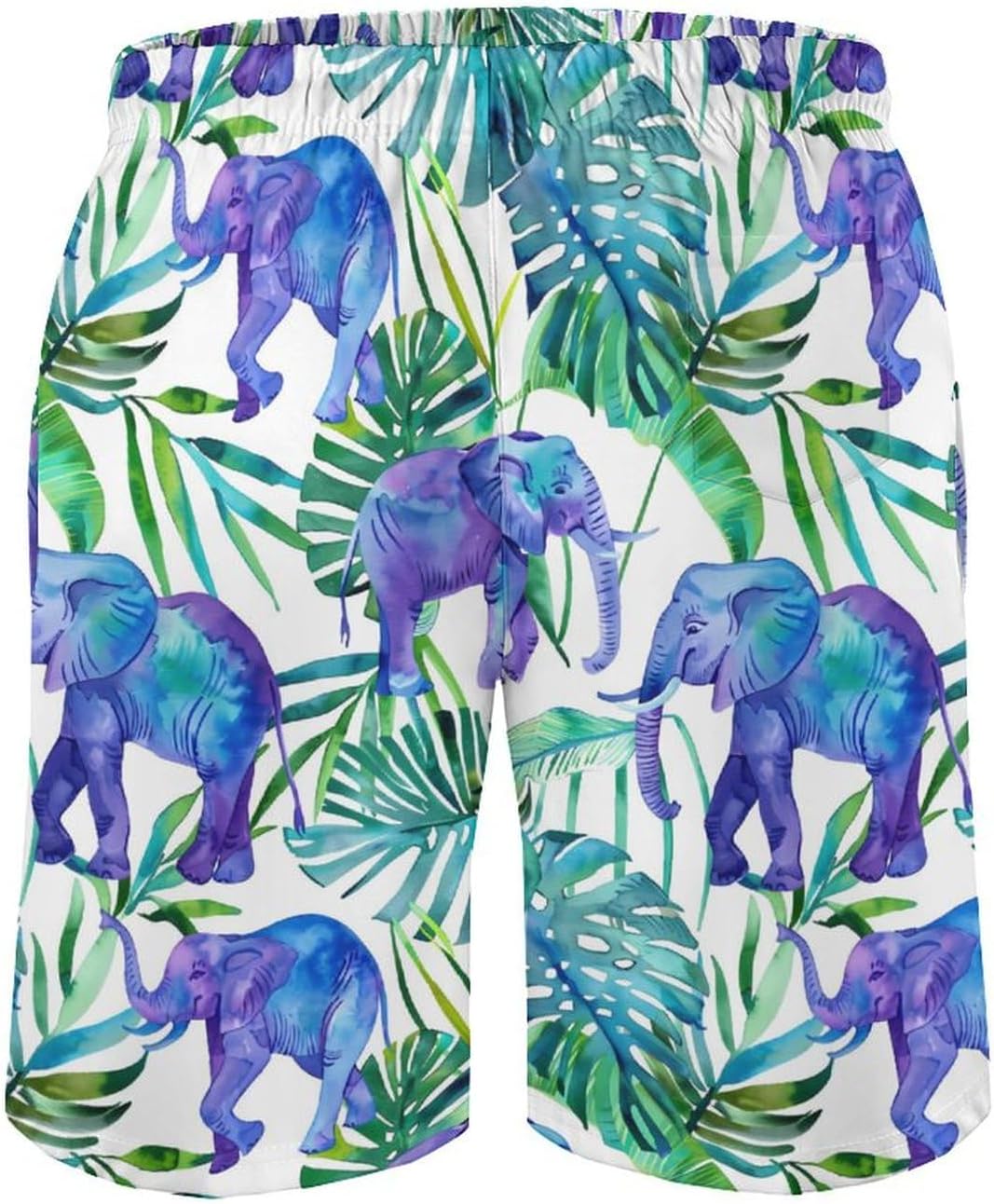 Blue Elephant Leaves Casual Men's Swim Trunks Novelty Summer Beach Shorts Swimwear with Pocket