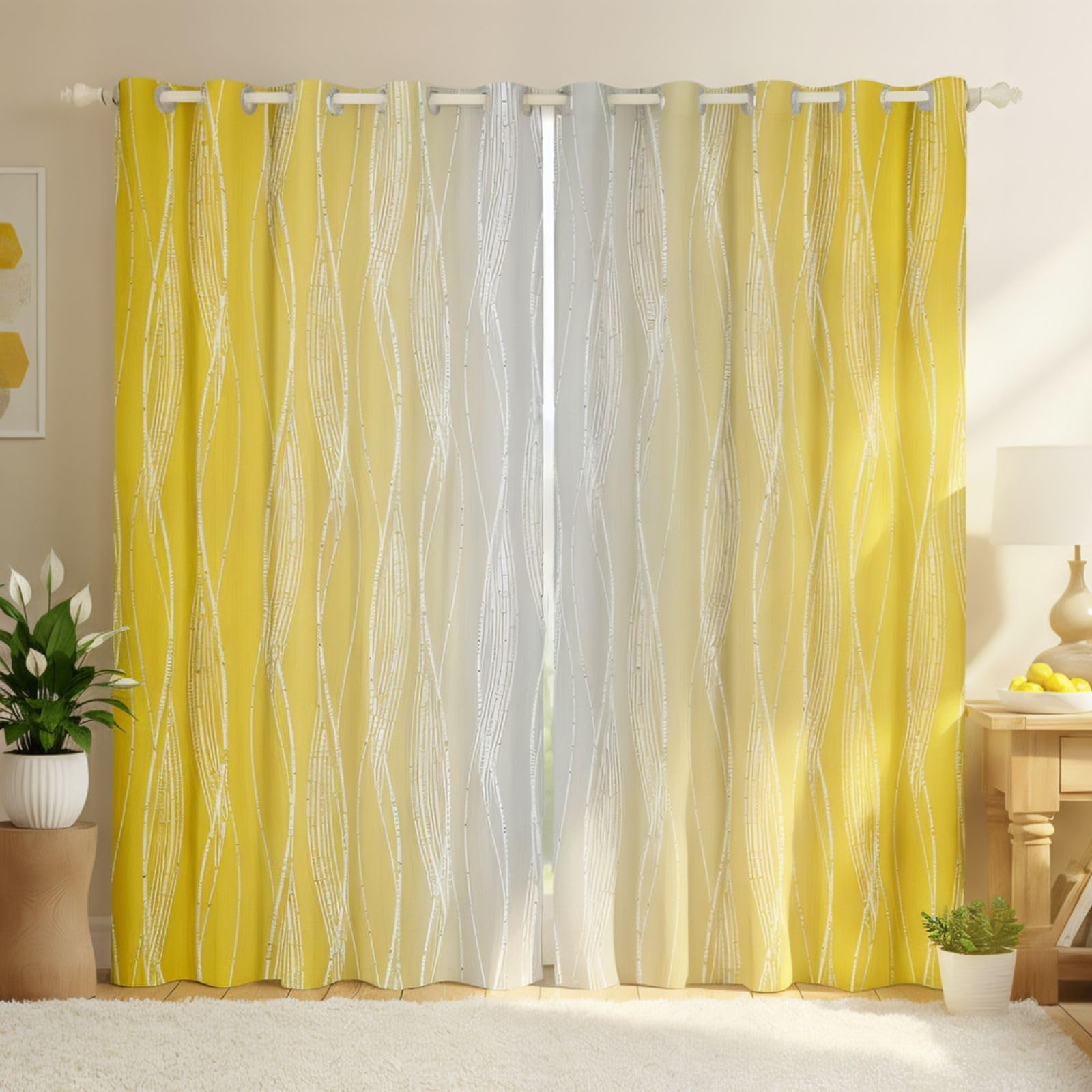 Homewish Yellow Greyish White Blackout Curtains Ombre Yellow And Gray Window Curtains 46" Wx72 L Abstract Gradient Geometric Curtains & Drapes Silver White Wavy Line Window Treatments 2 Panels — image 1
