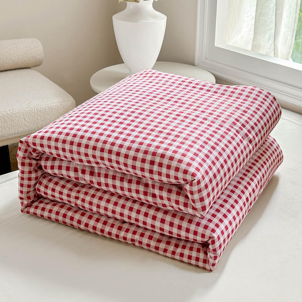 NSNLGSGC Red Gingham Cotton Comforter Set Queen, 100% Washed Cotton Plaid Checked Comforter Bedding, 3 Pieces Vintage Farmhouse Grid Bedding Set(Red Gingham, Queen) - Image 8