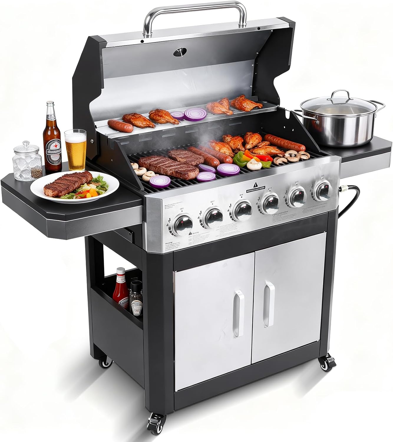 6-Burner Propane Gas Grill with 60000 BTU, Heavy Duty Cast Iron Cooking Grates Stainless Steel Warming Rack and Side Tables, BBQ Grill for Outdoor Backyard Cooking and Patio Parties, Black