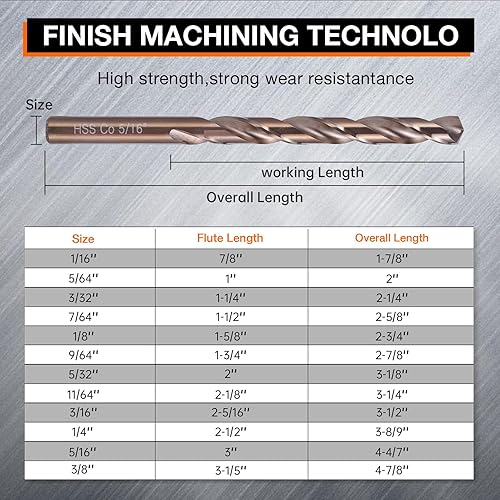 Miniatura 4 de Juego de 15 brocas de cobalto (116"-38"), acero de alta velocidad M35, longitud de giro para metal endurecido, acero inoxidable, hierro fundido,
