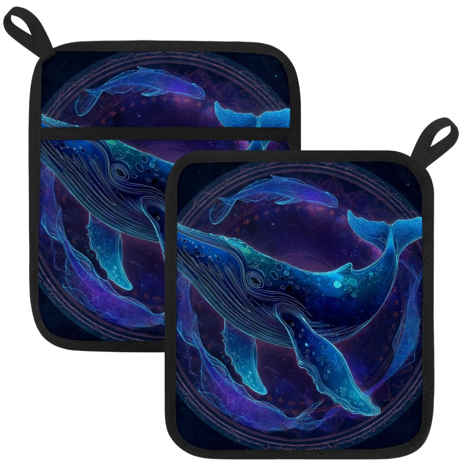 VAPOKF Abstract Whale Pot Holders with Pocket for Kitchen Heat Resistant Potholders Large Polyester-Cotton Square Oven Mitts Set