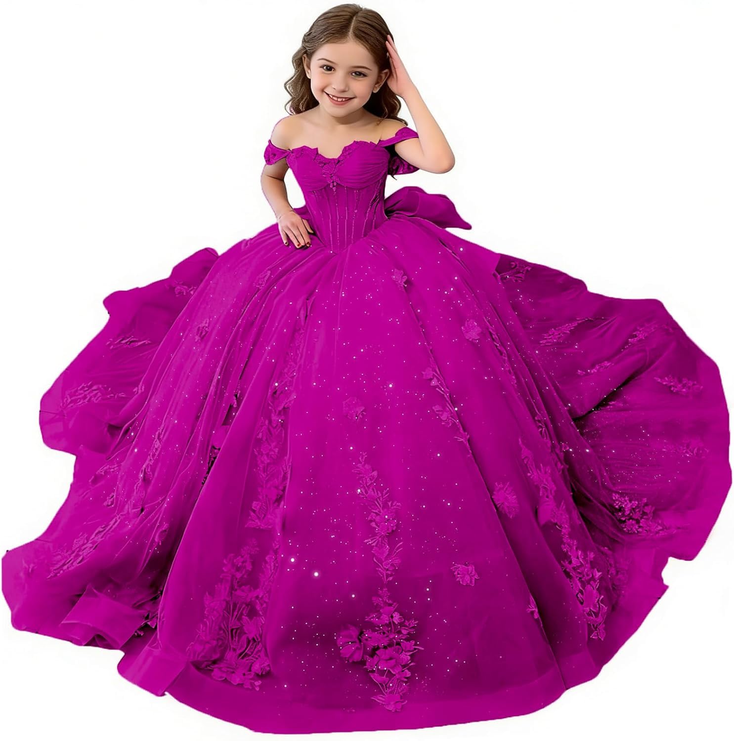 Blumenmädchenkleider mit Spitzenapplikationen und Schleife, perlenbesetztes Ballkleid mit Schleppe, Schulterfreies Festkleid für Mädchen